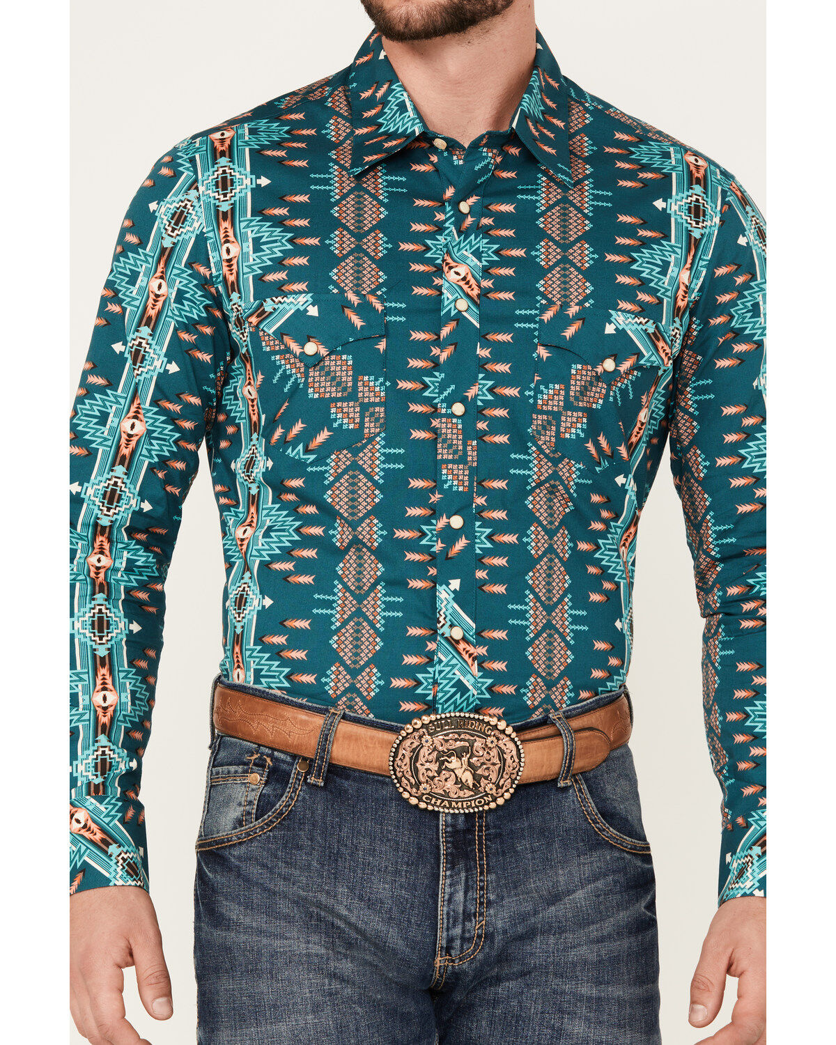 Rock & Roll Denim Men's Southwestern Print Stretch Long Sleeve Snap Western Shirt