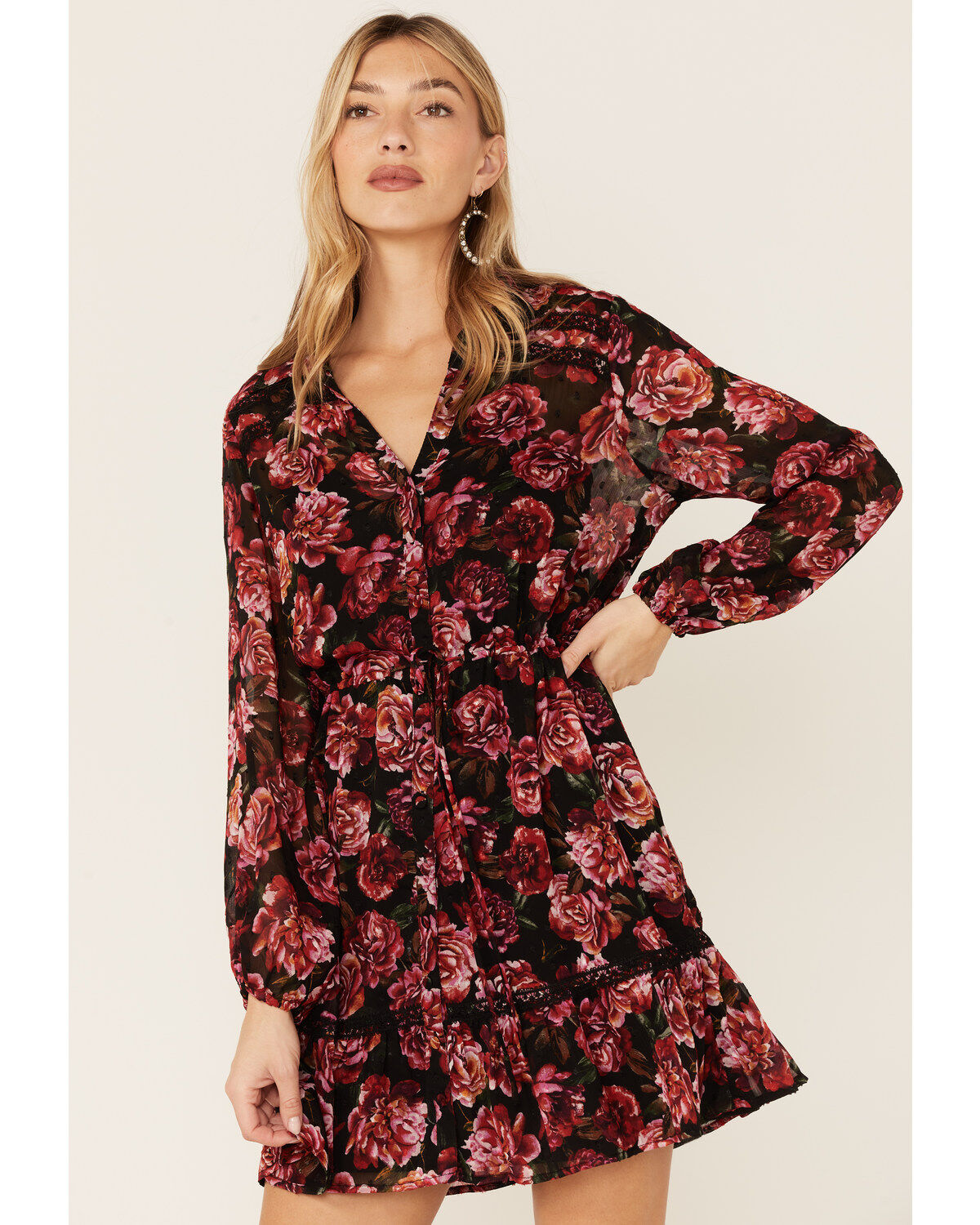 Lovestitch Women's Magenta Floral Floral Lace Trim Mini Dress