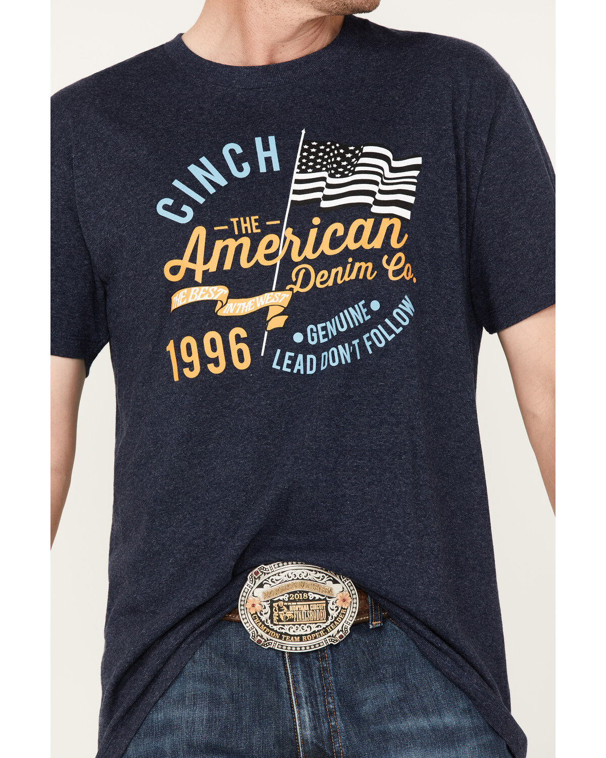 Cinch Men's American Heather Navy Logo Flag Graphic Short Sleeve T-Shirt