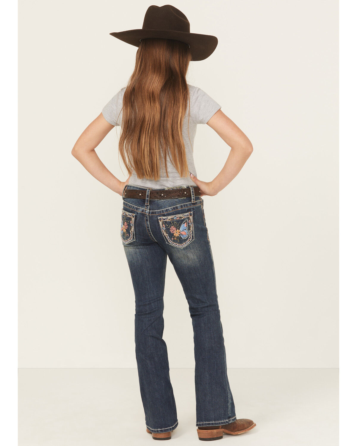 Grace in LA Girls' Medium Wash Floral Butterfly Pocket Bootcut Stretch Denim Jeans