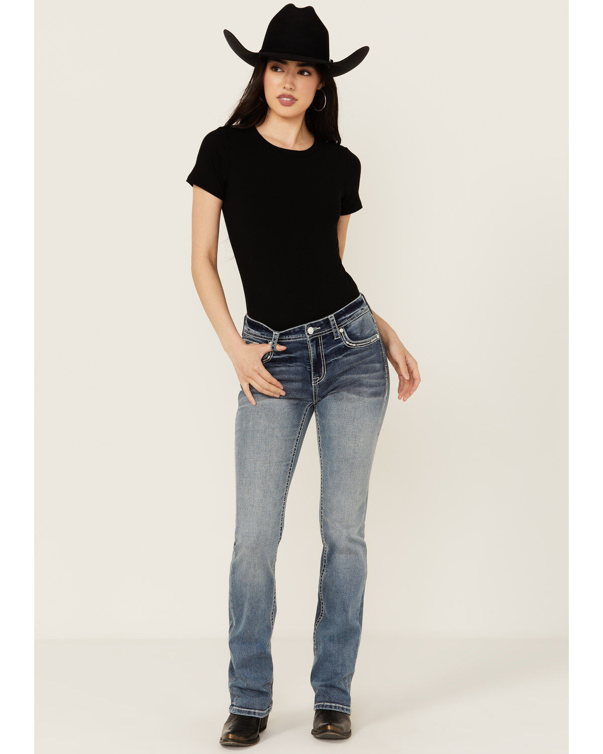 Grace In LA Women's Medium Wash Americana Fleur De Lis Mid Rise Bootcut Stretch Denim Jeans