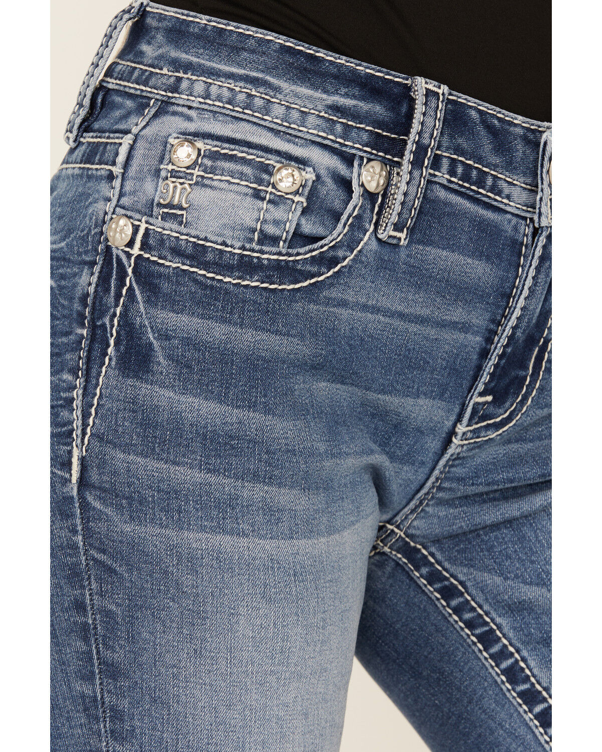 Miss Me Women's Medium Wash Slim Fit Fleur de Lis Pocket Bootcut Stretch Denim Jeans