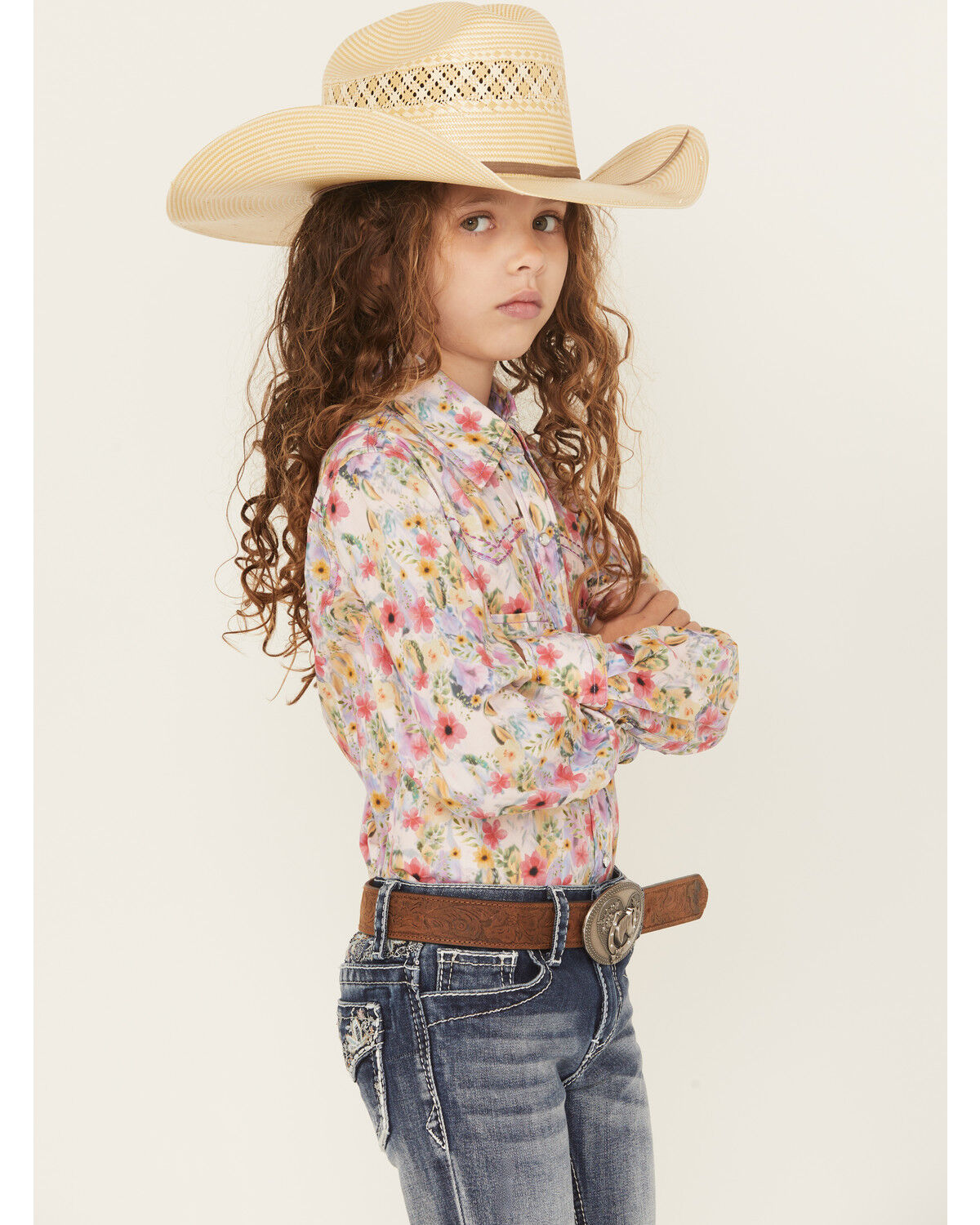 Cowgirl Hardware Girls' Floral Print Long Sleeve Rhinestone Snap Stretch Western Shirt