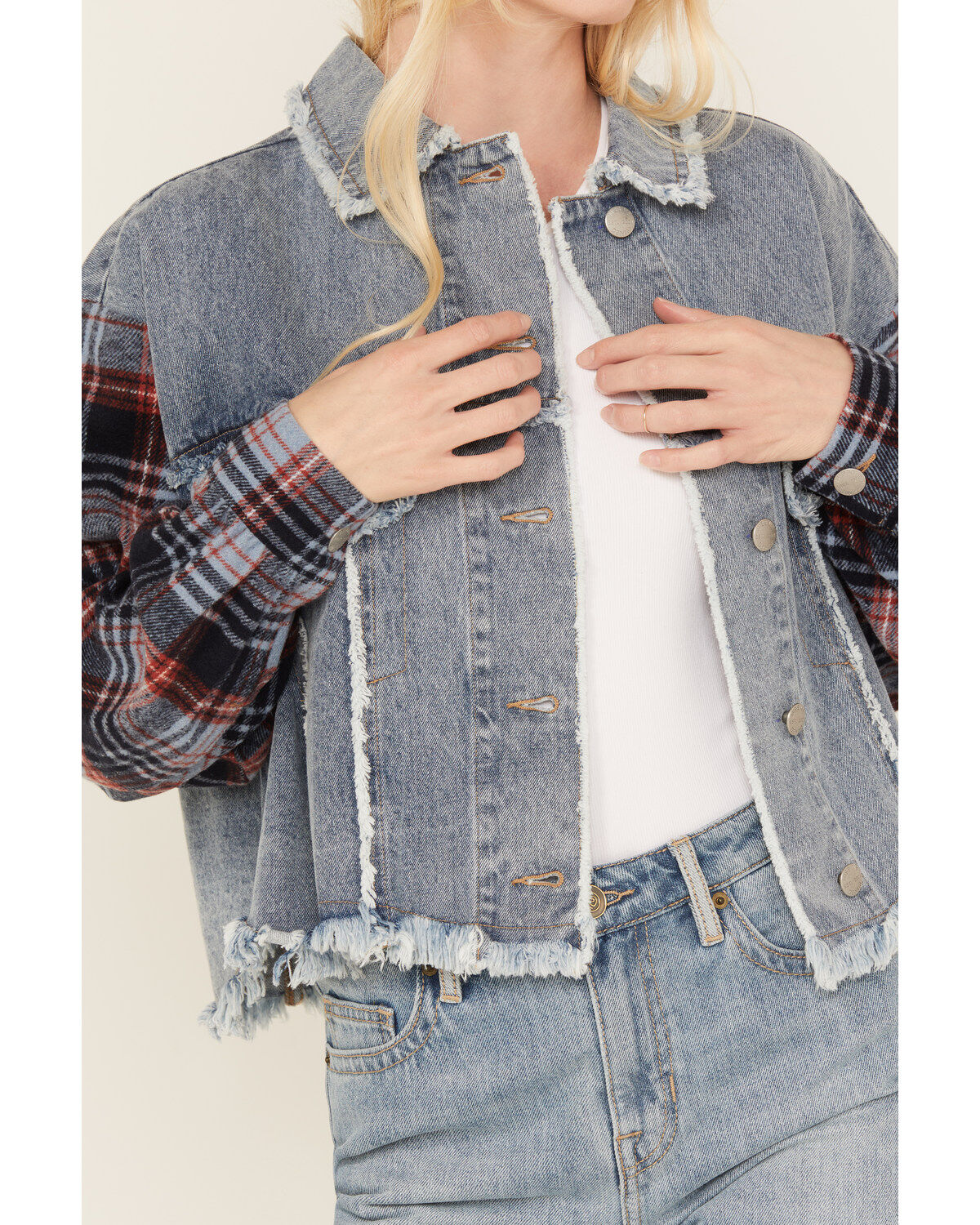 Miss Me Women's Medium Wash Denim Plaid Crochet Back Cropped Jacket