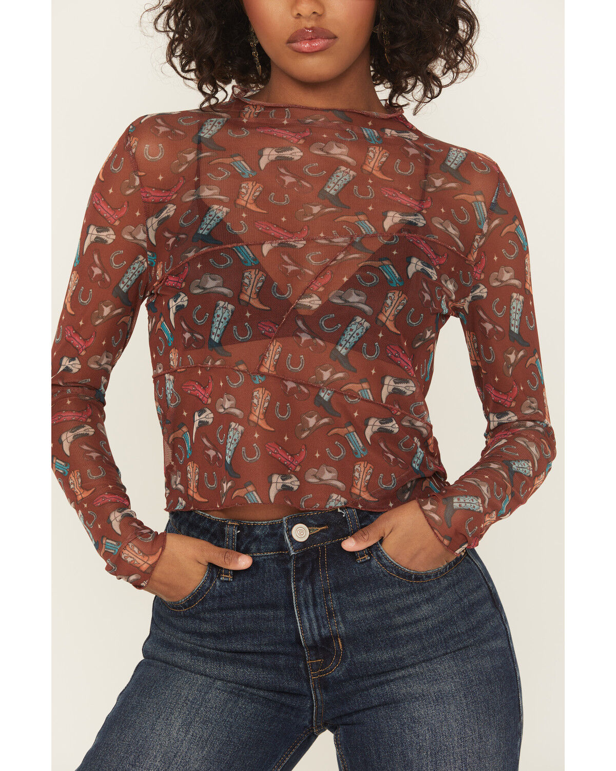 Rock & Roll Denim Women's Cowboy Boot Mesh Long Sleeve Shirt