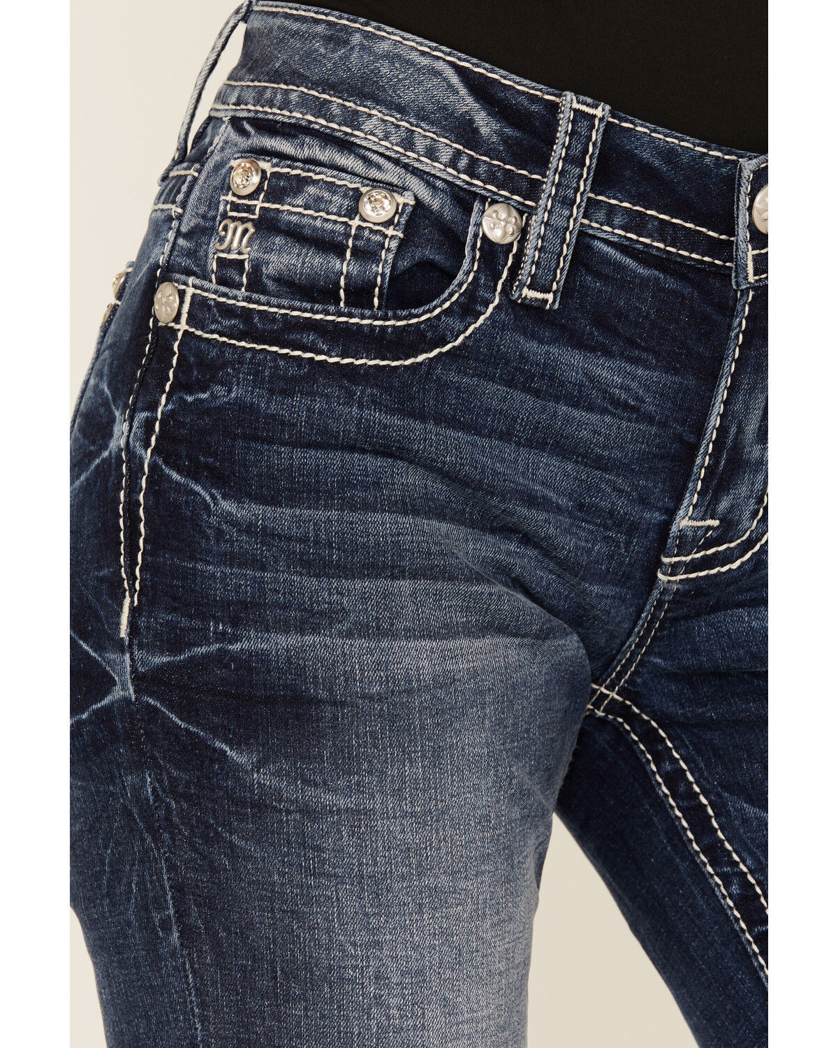 Miss Me Women's Dark Wash Mid Rise Steer Head Pocket Bootcut Stretch Denim Jeans