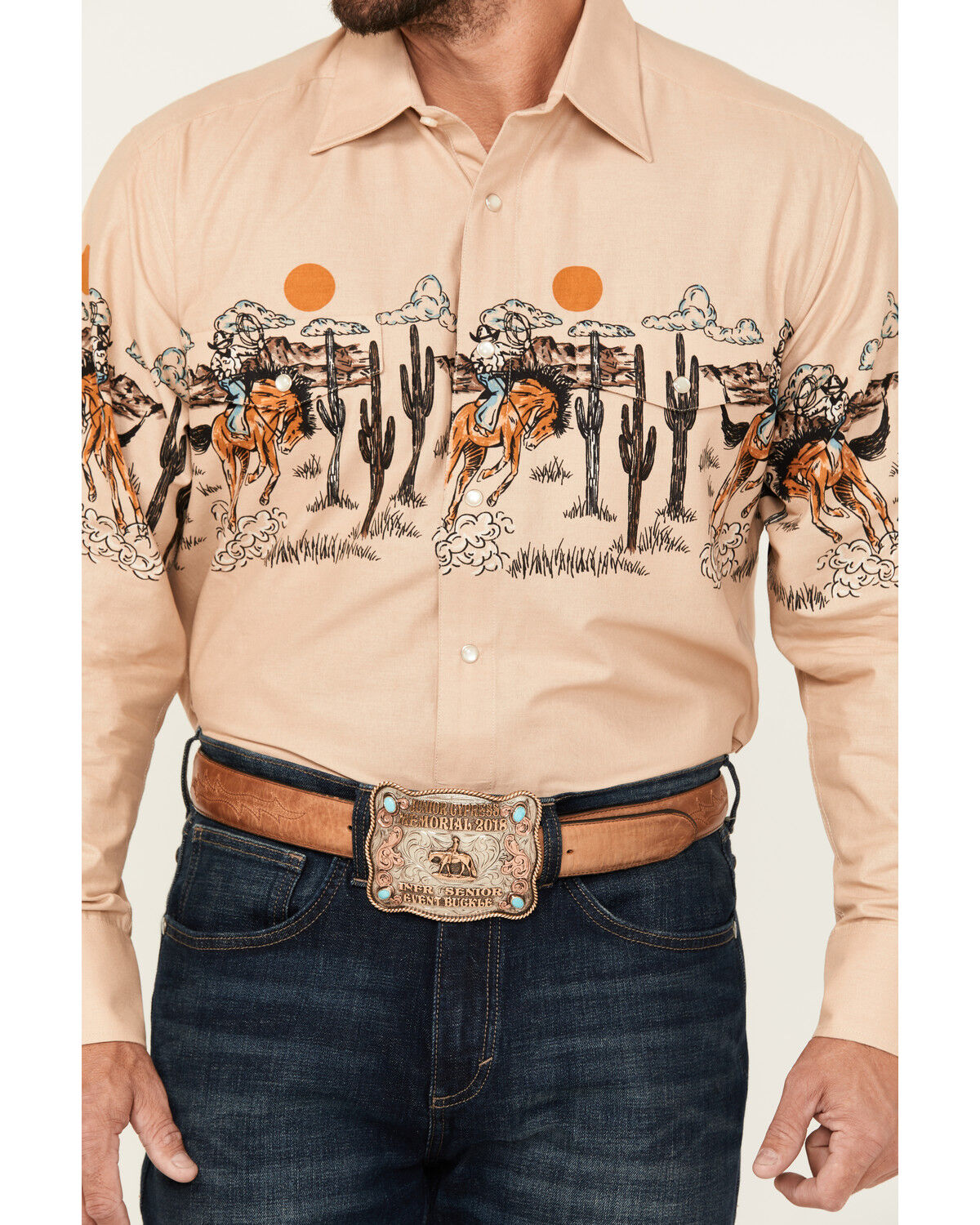 Panhandle Men's Desert Print Border Long Sleeve Snap Western Shirt