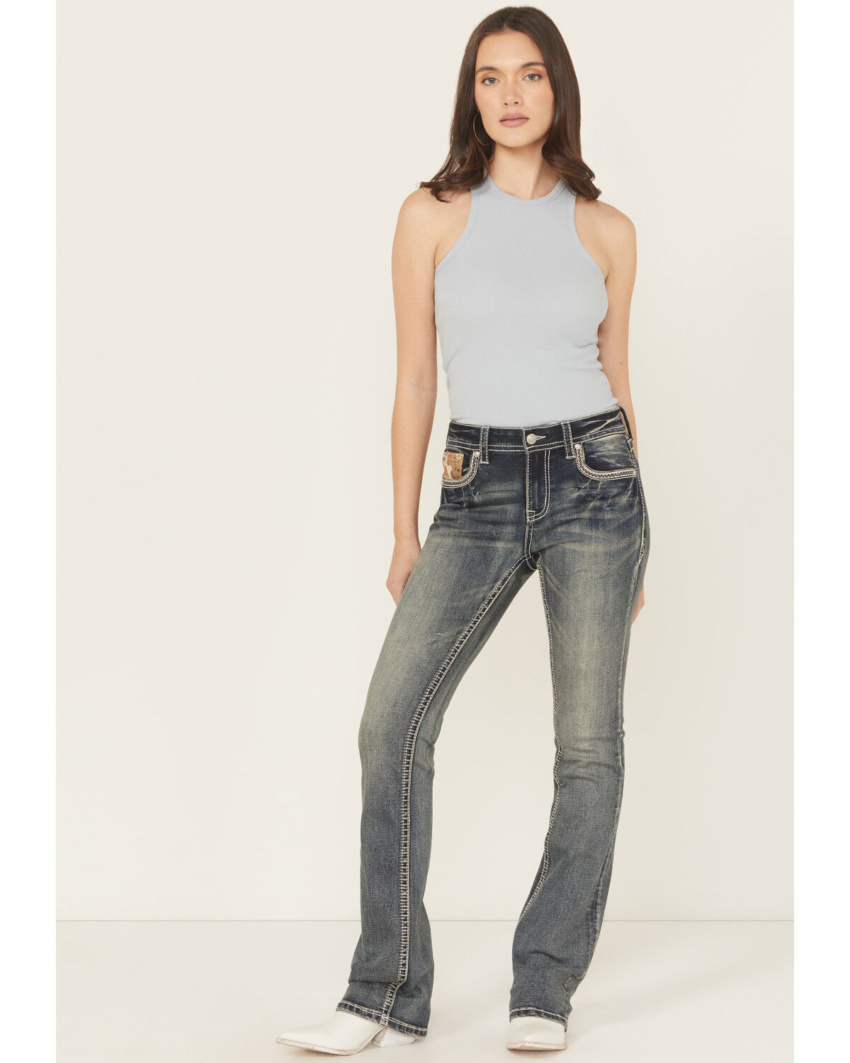 Grace In LA Women's Medium Wash Mid Rise Hairon Bootcut Stretch Denim Jeans