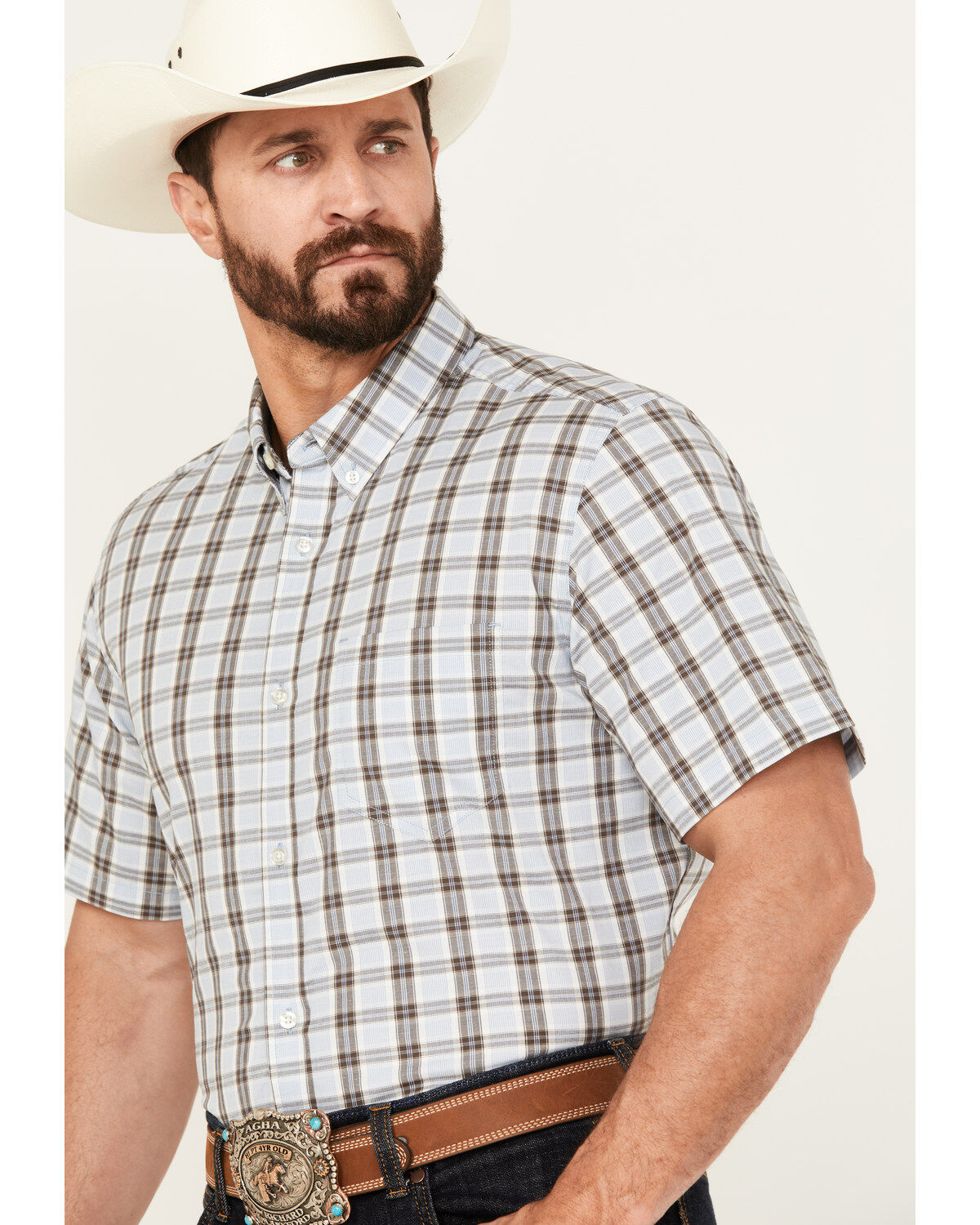 Cody James Men's Bryce Plaid Print Short Sleeve Button-Down Stretch Western Shirt - Tall