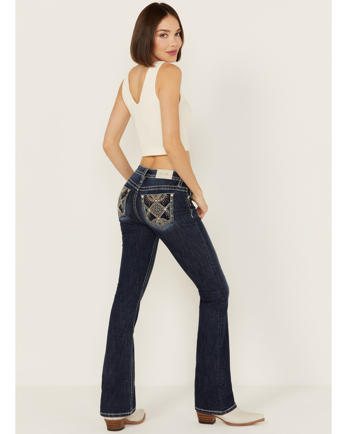 Miss Me Women's Dark Wash Mid Rise Patchwork Pocket Bootcut Stretch Denim Jeans