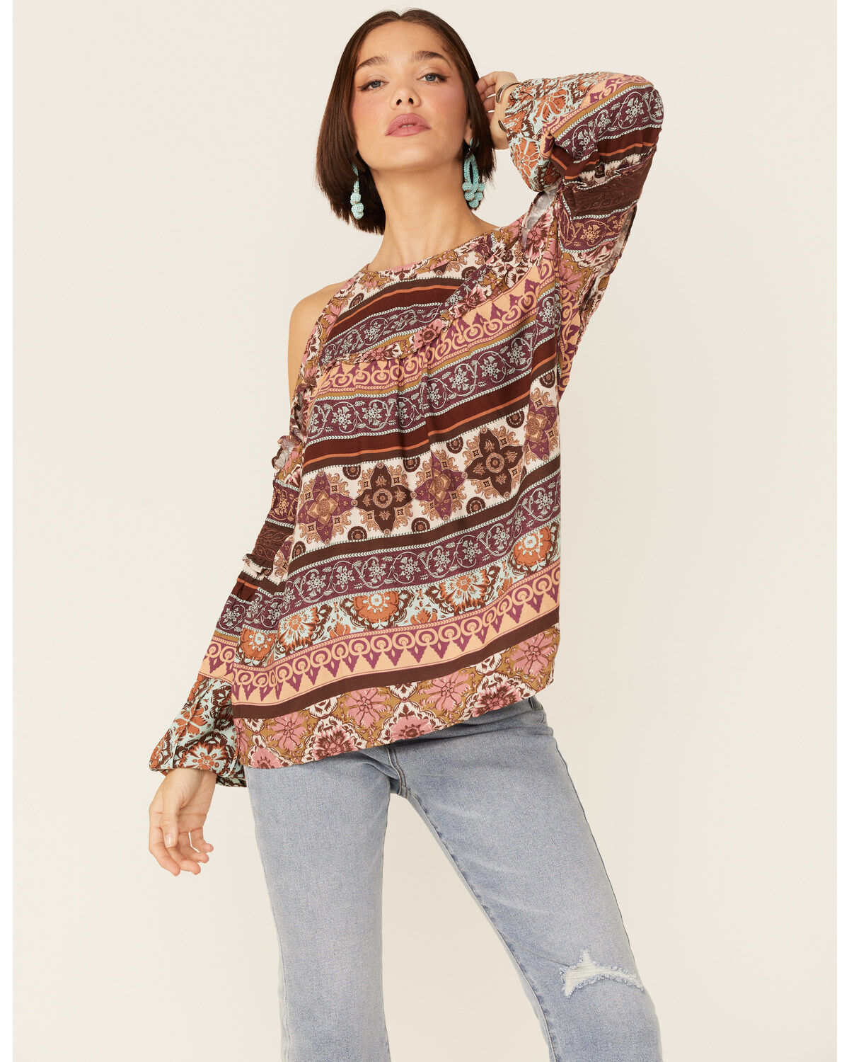 Miss Me Women's Vertical Print Cold Shoulder Bell Sleeve Woven Top