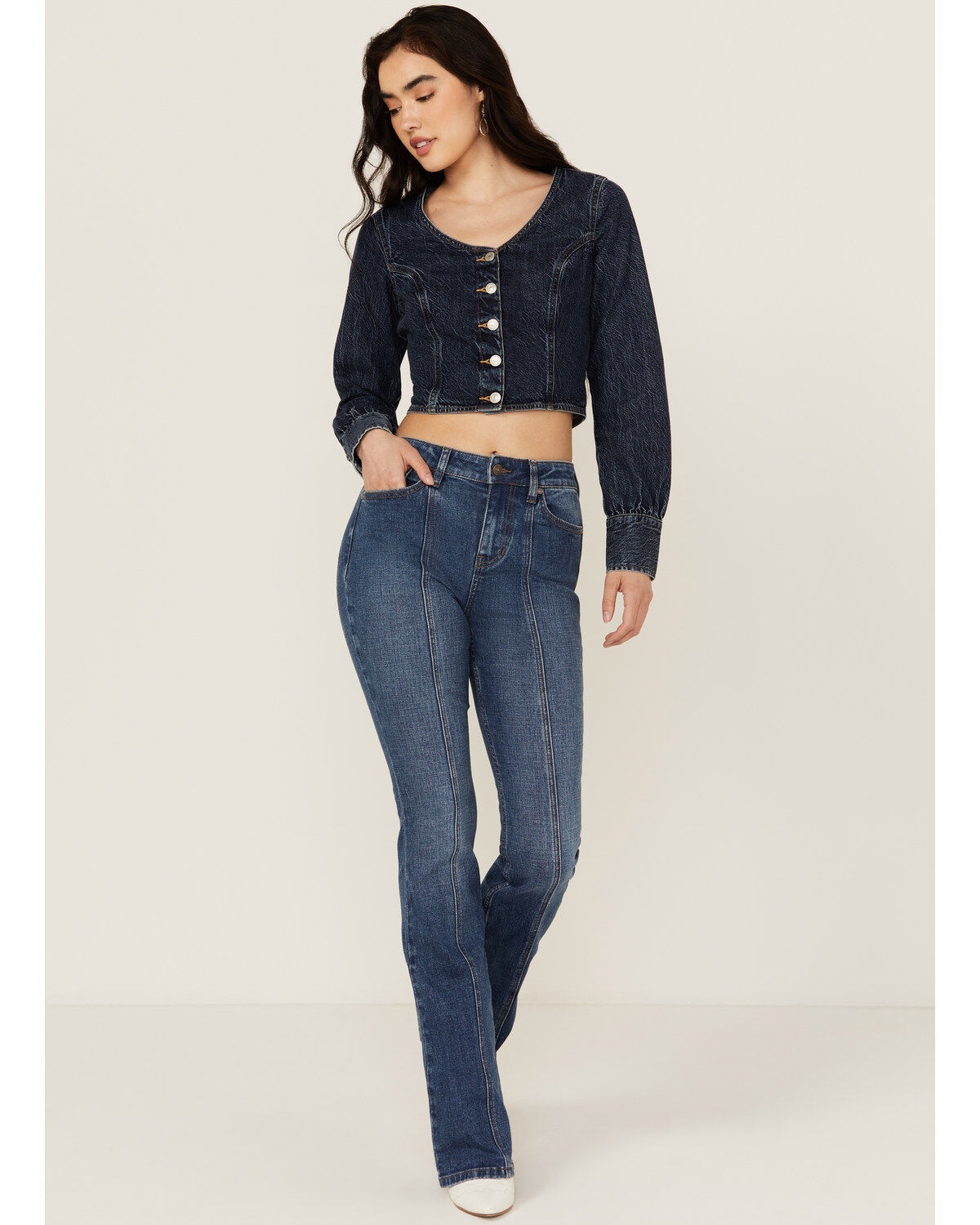 Shyanne Women's Celeste Medium Wash High Rise Seam Bootcut Stretch Denim Jeans