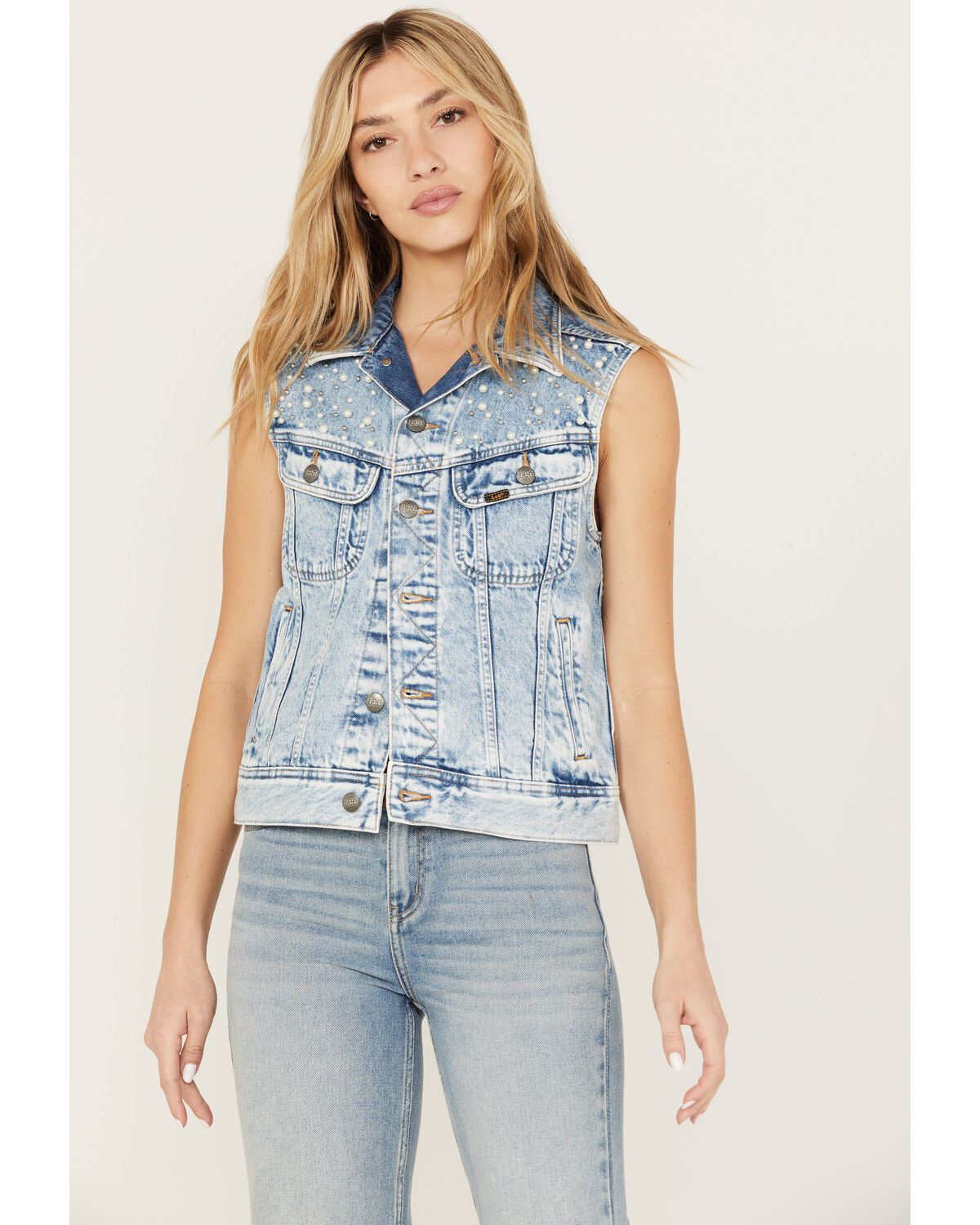 Lee Women's Light Wash Acid Wash Denim Pearl Vest