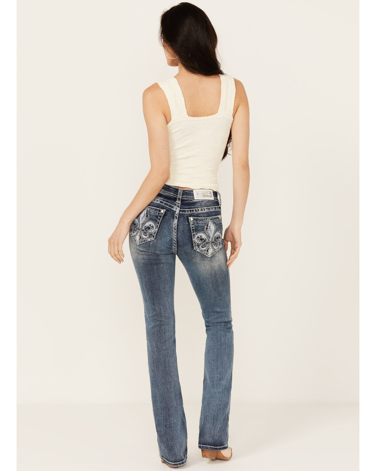 Grace In LA Women's Fleur De Lis Embroidered Pocket Bootcut Stretch Denim Jeans