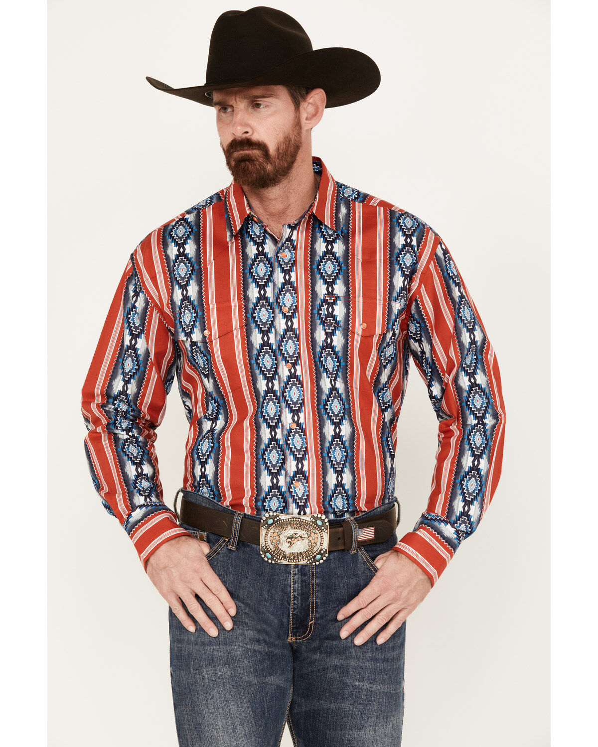 Wrangler Men's Southwestern Print Long Sleeve Pearl Snap Western Shirt