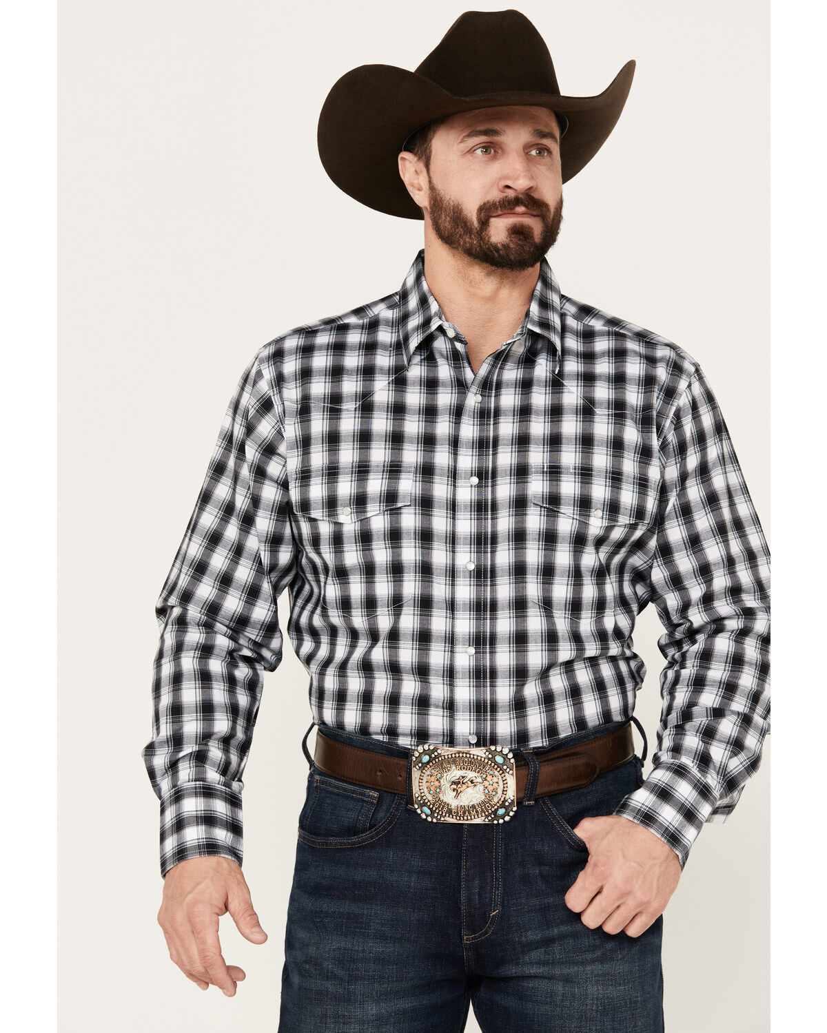 Wrangler Men's Plaid Print Long Sleeve Pearl Snap Western Shirt