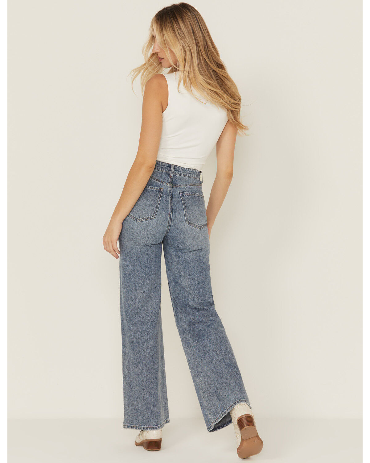 Daze Women's Far Out Medium Wash High Rise Studded Wide Leg Denim Jeans