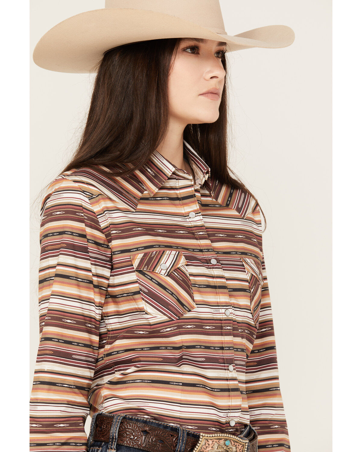 Rough Stock by Panhandle Women's Southwestern Striped Long Sleeve Western Pearl Snap Shirt