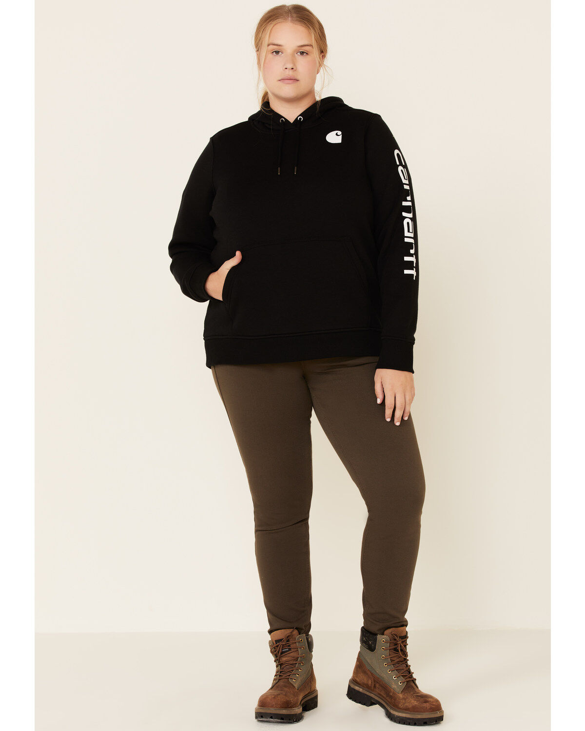Carhartt Women's Black Clarksburg Sleeve Logo Hooded Sweatshirt - Plus