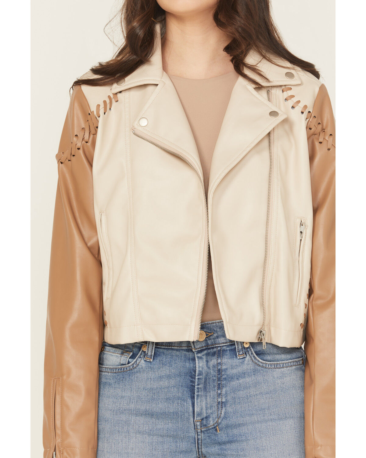 Blue B Women's Fringe Whip Stitch Faux Leather Moto Jacket