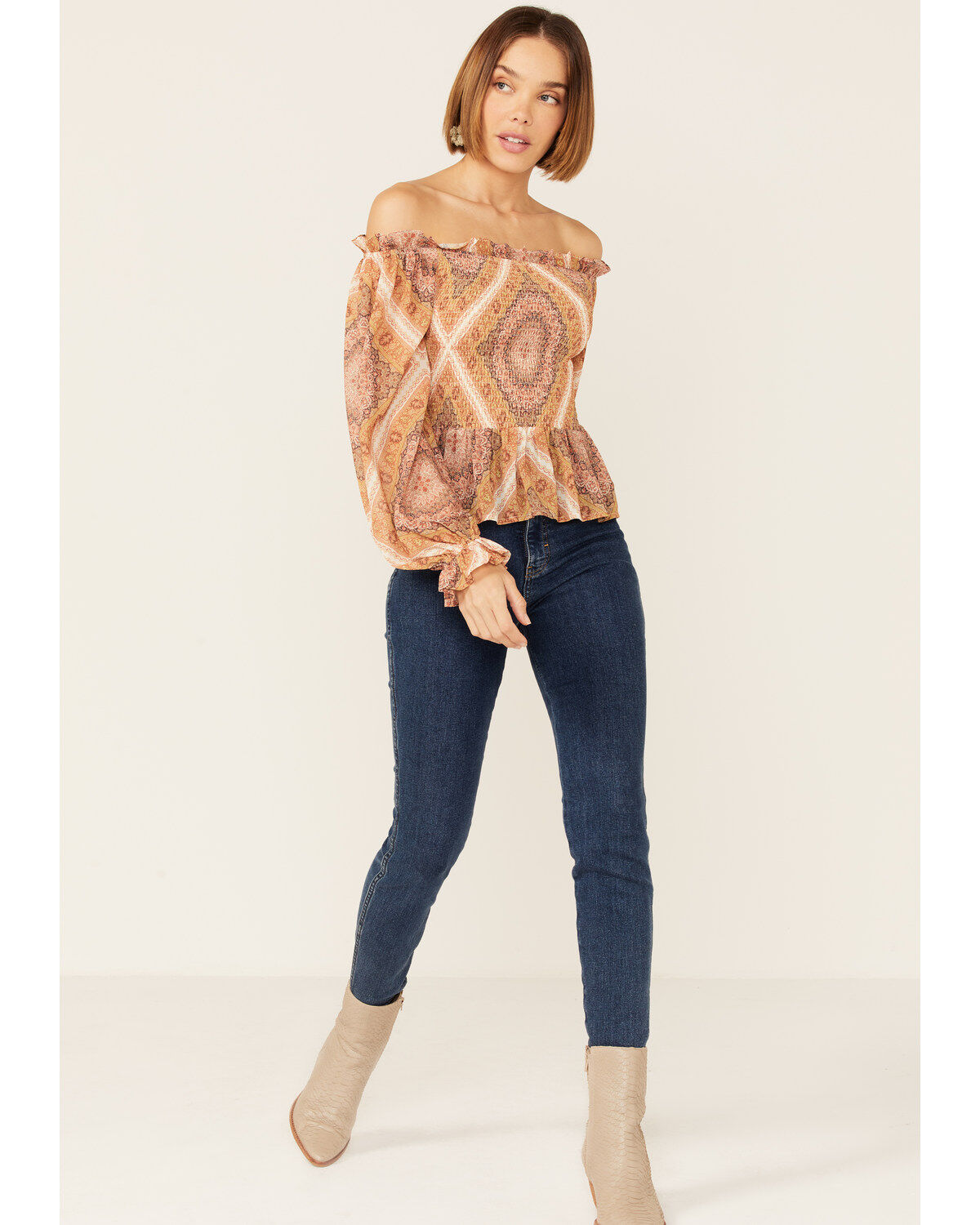 Flying Tomato Women's Boho Print Cold Shoulder Top