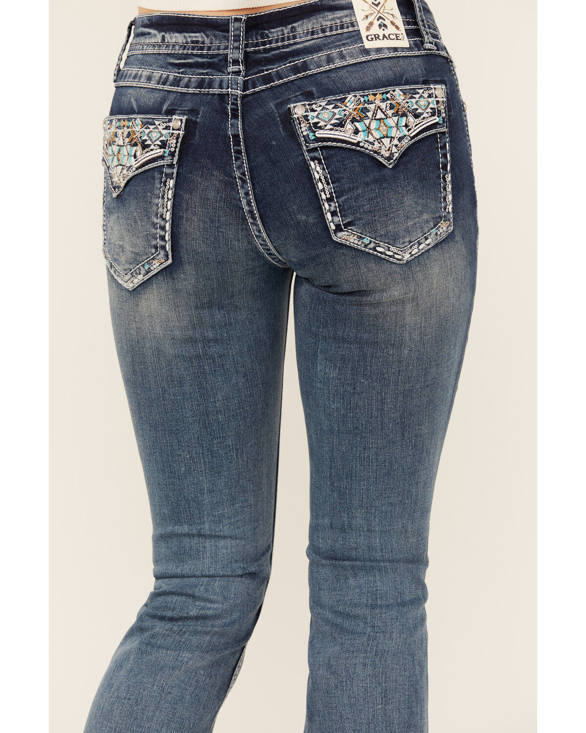 Grace In LA Women's Medium Wash Faux Flap Pocket Mid Rise Bootcut Stretch Denim Jeans