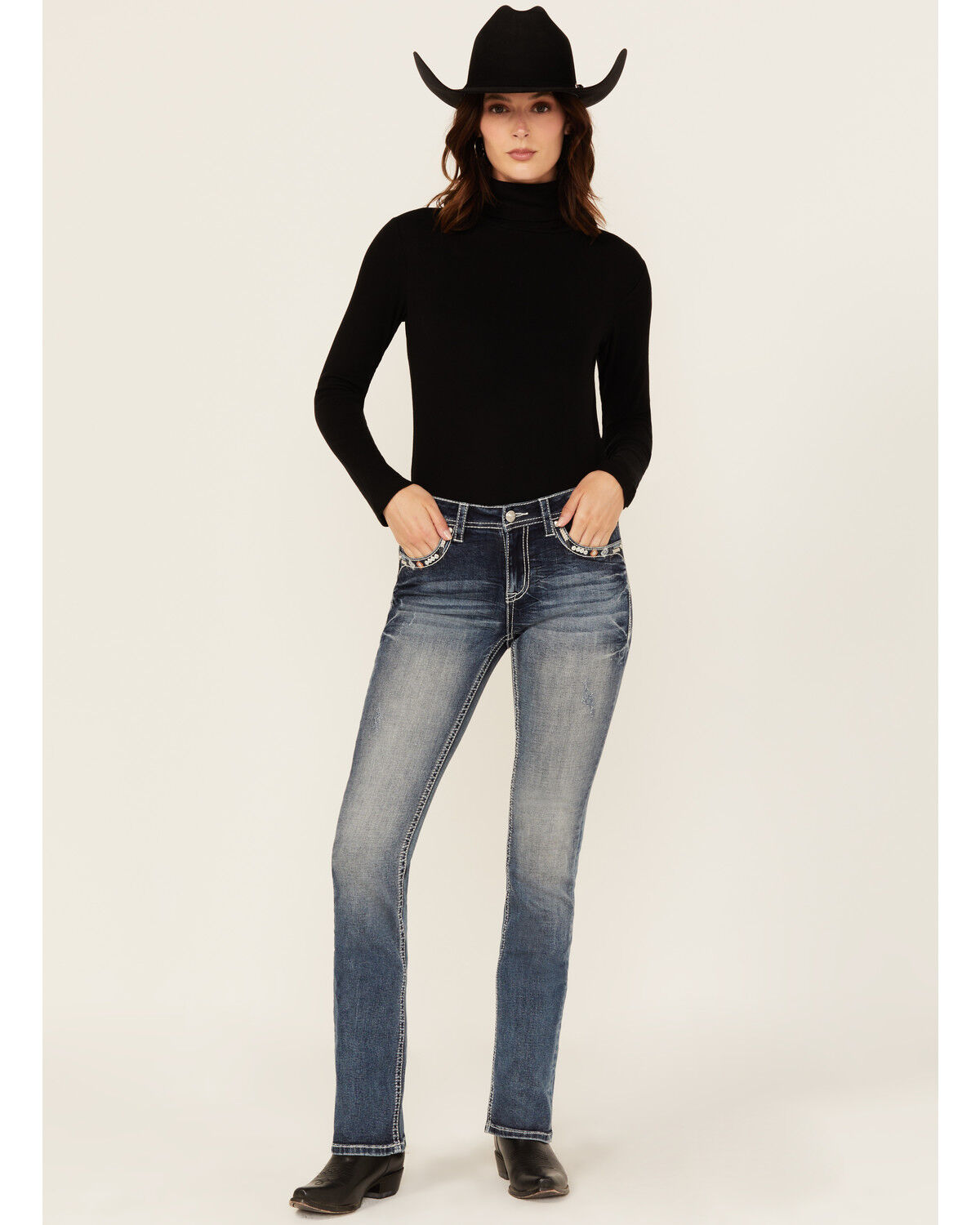 Grace In LA Women's Medium Wash Geo Print Embroidered Mid Rise Bootcut Stretch Denim Jeans