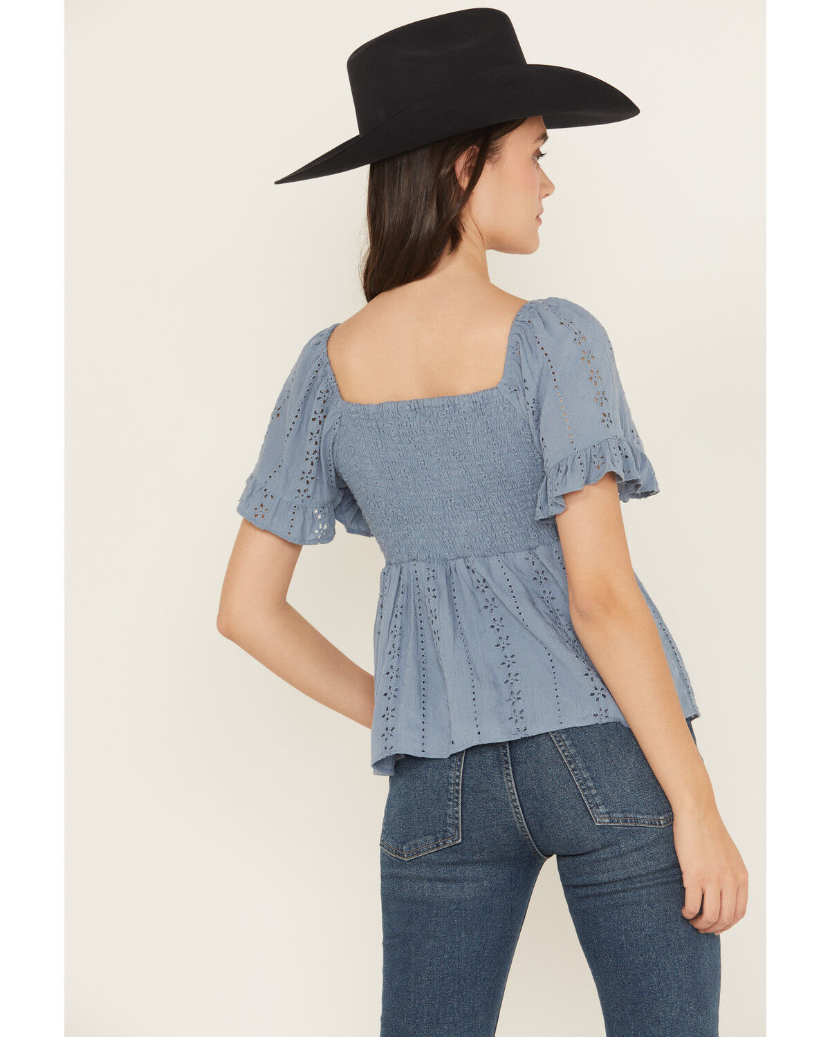 Angie Women's Eyelet Short Puff Sleeve Shirt