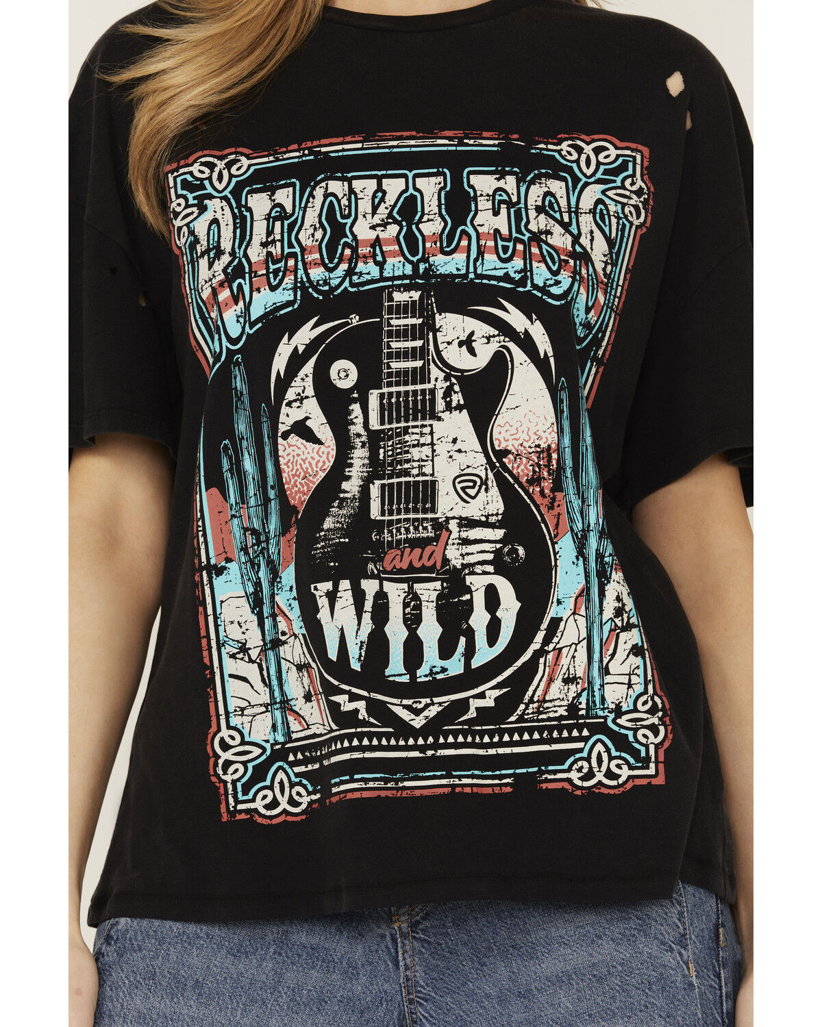 Rock & Roll Denim Women's Reckless and Wild Guitar Short Sleeve Graphic Tee