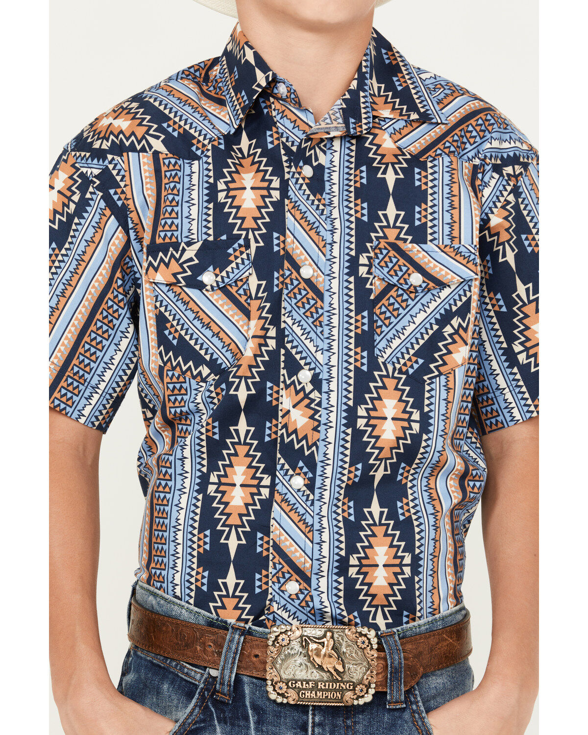 Rock & Roll Denim Boys' Southwestern Short Sleeve Pearl Snap Western Shirt