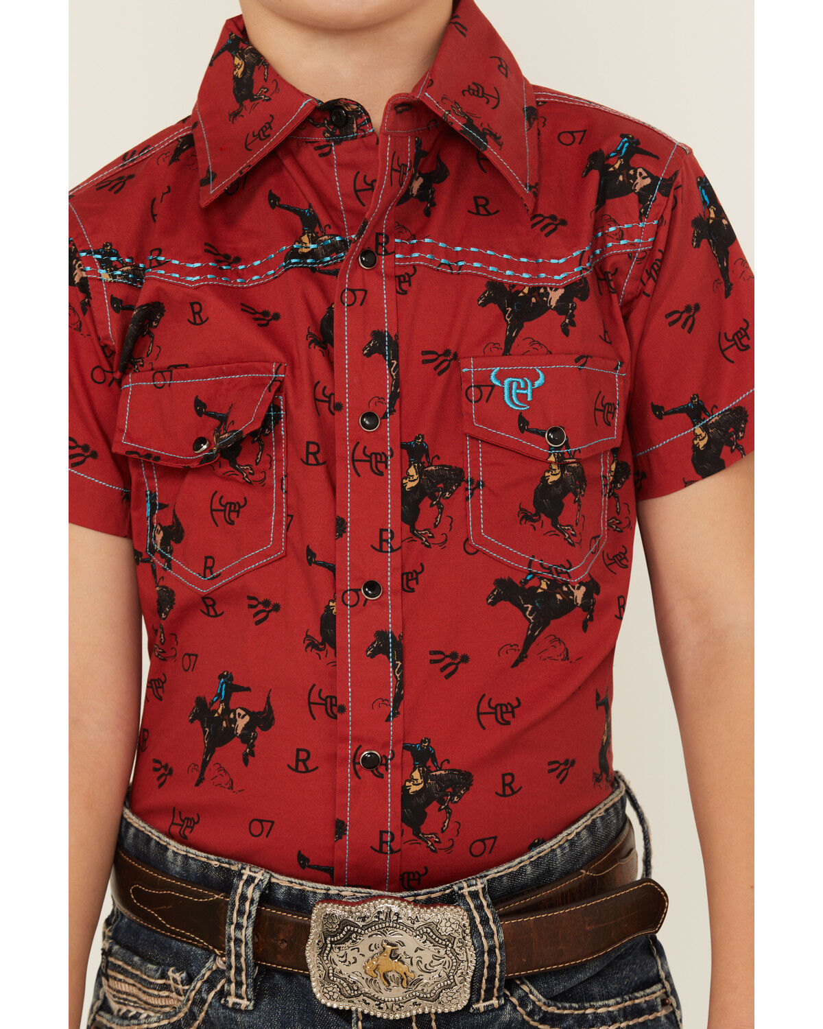 Cowboy Hardware Boys' Bronc Print Short Sleeve Snap Stretch Western Shirt
