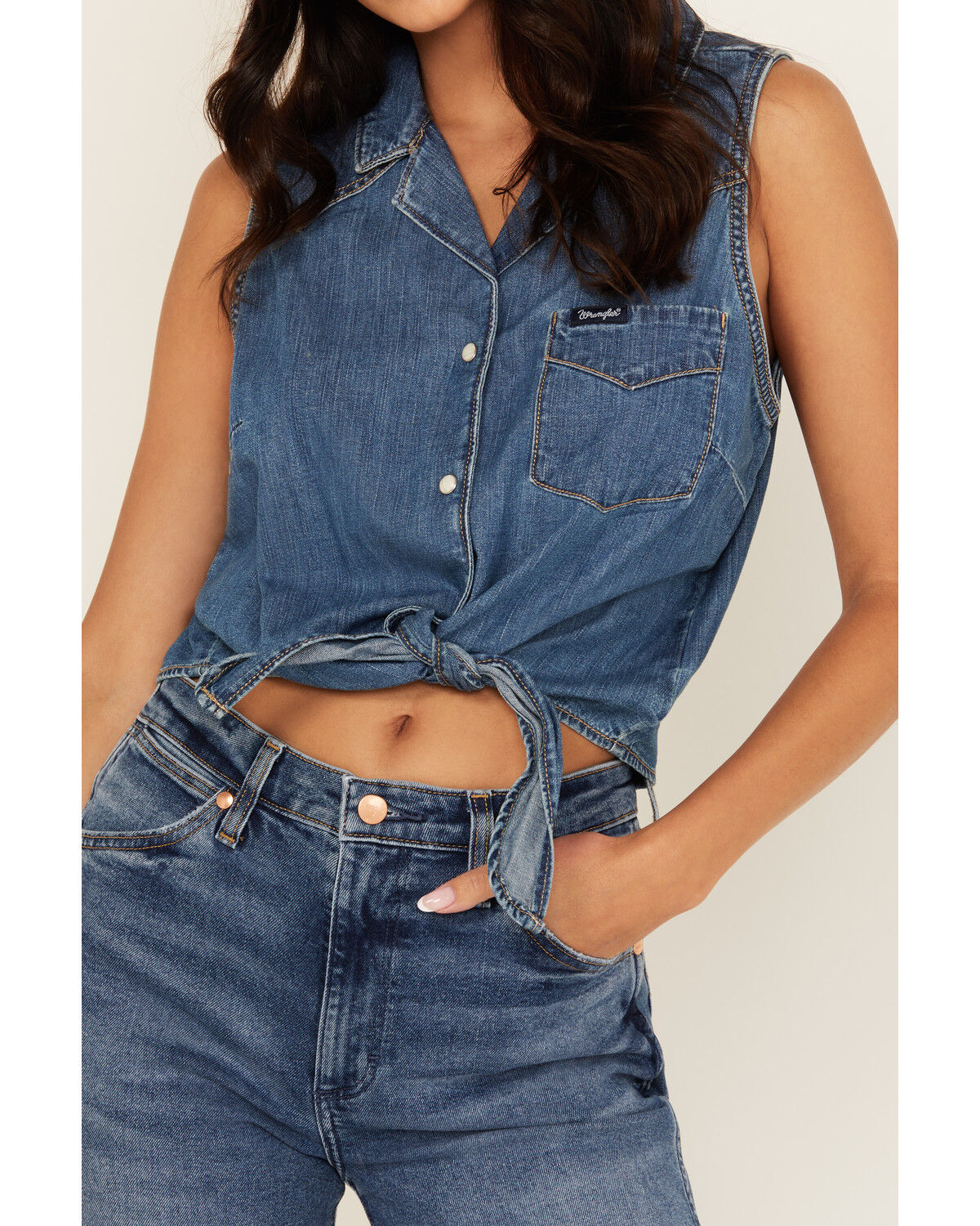 Wrangler Retro Women's Dark Wash Tie-Front Sleeveless Snap Western Shirt