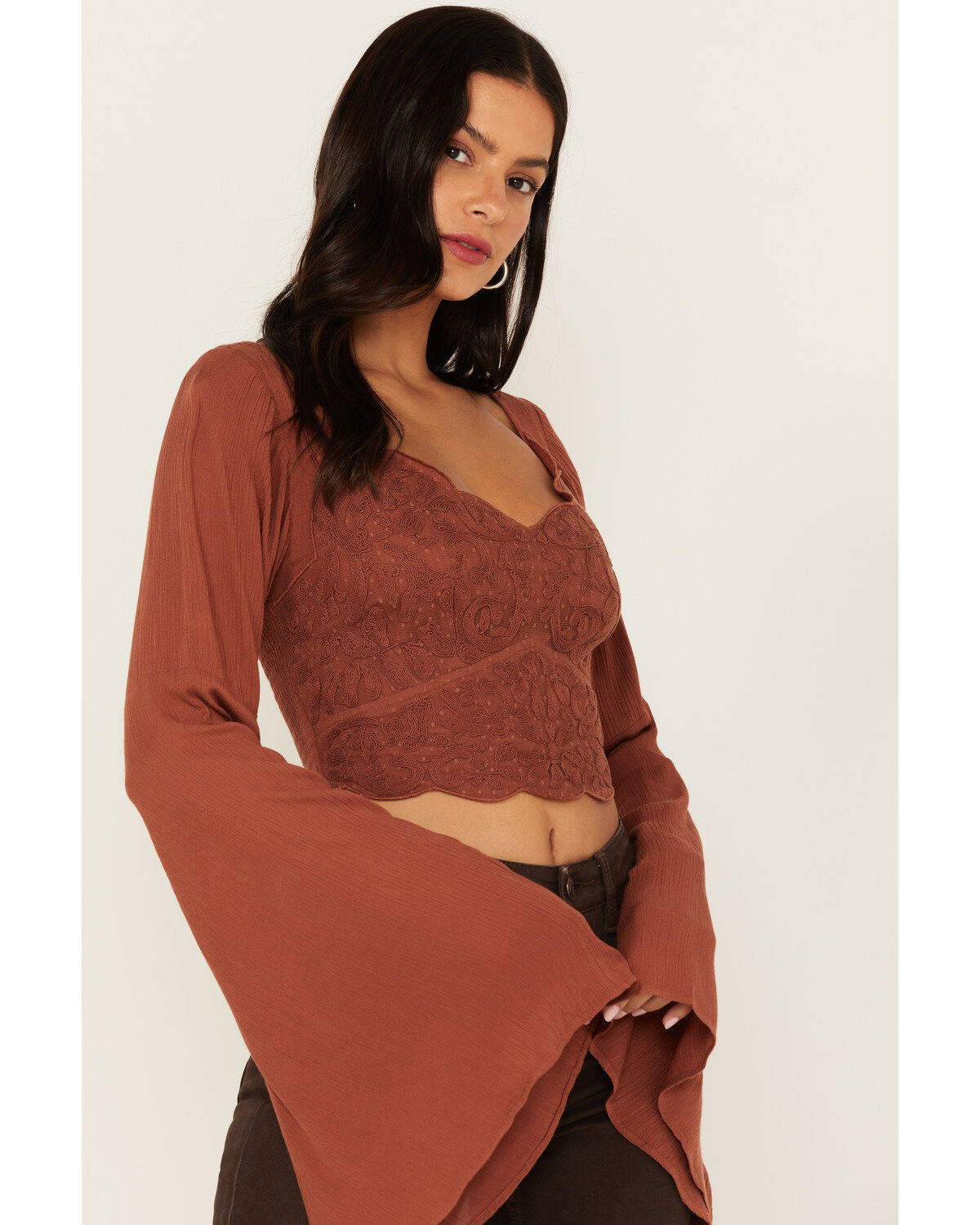 Shyanne Women's Embroidered Mesh Dot Poet Sleeve Crop Top