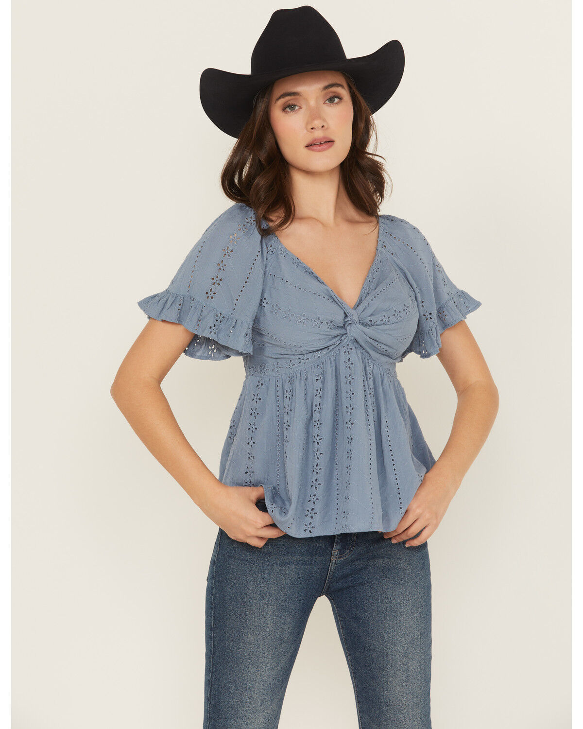 Angie Women's Eyelet Short Puff Sleeve Shirt