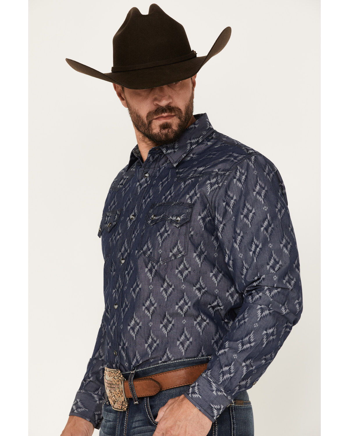 Moonshine Spirit Men's Mocasin Southwestern Print Long Sleeve Snap Western Shirt