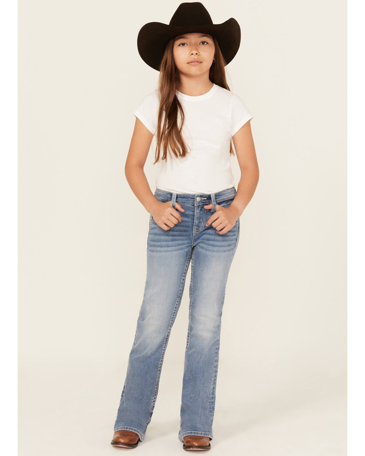 Miss Me Girls' Light Wash Cross Pocket Bootcut Denim Jeans