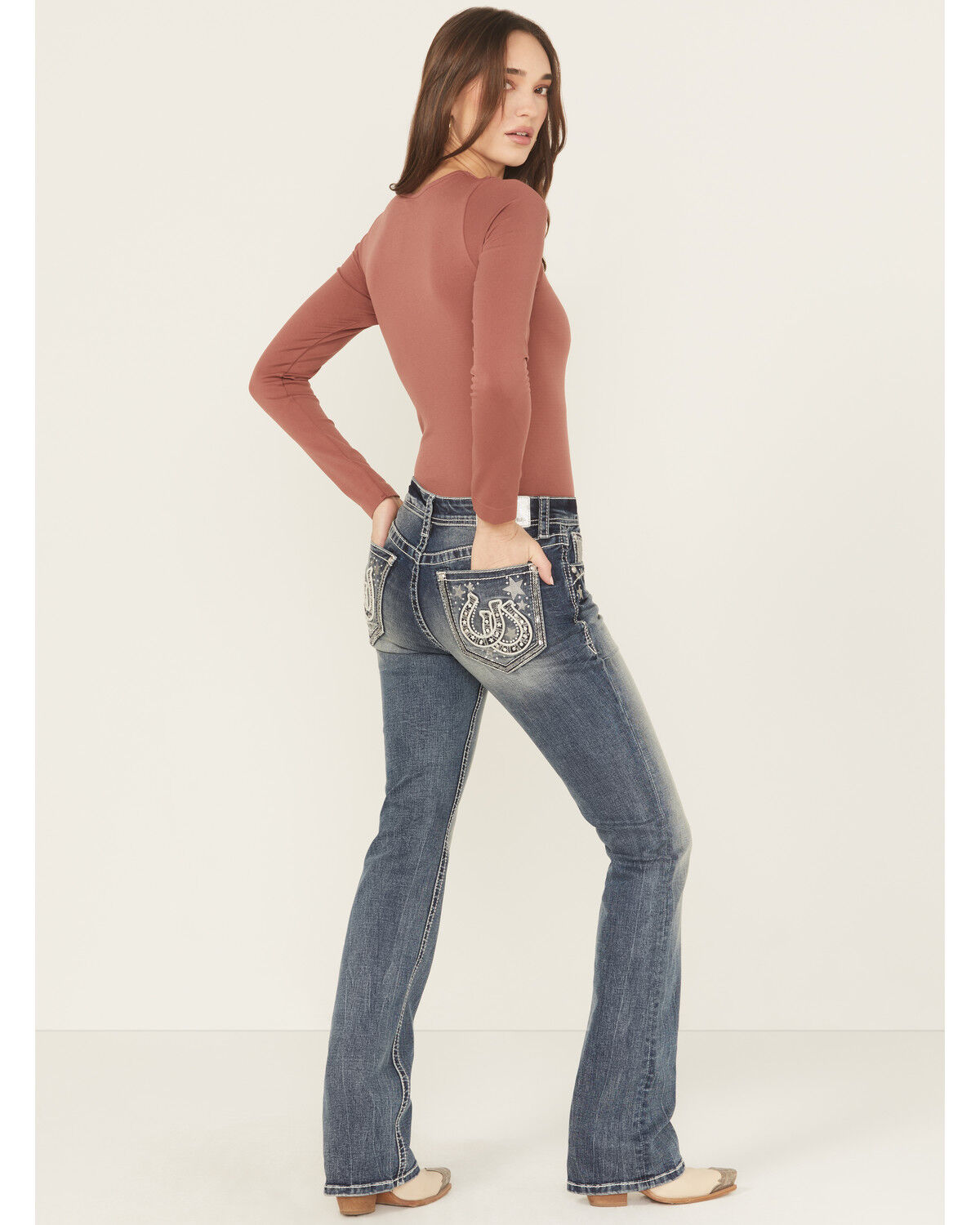 Grace In LA Women's Medium Wash Mid Rise Star Horseshoe Bootcut Stretch Denim Jeans