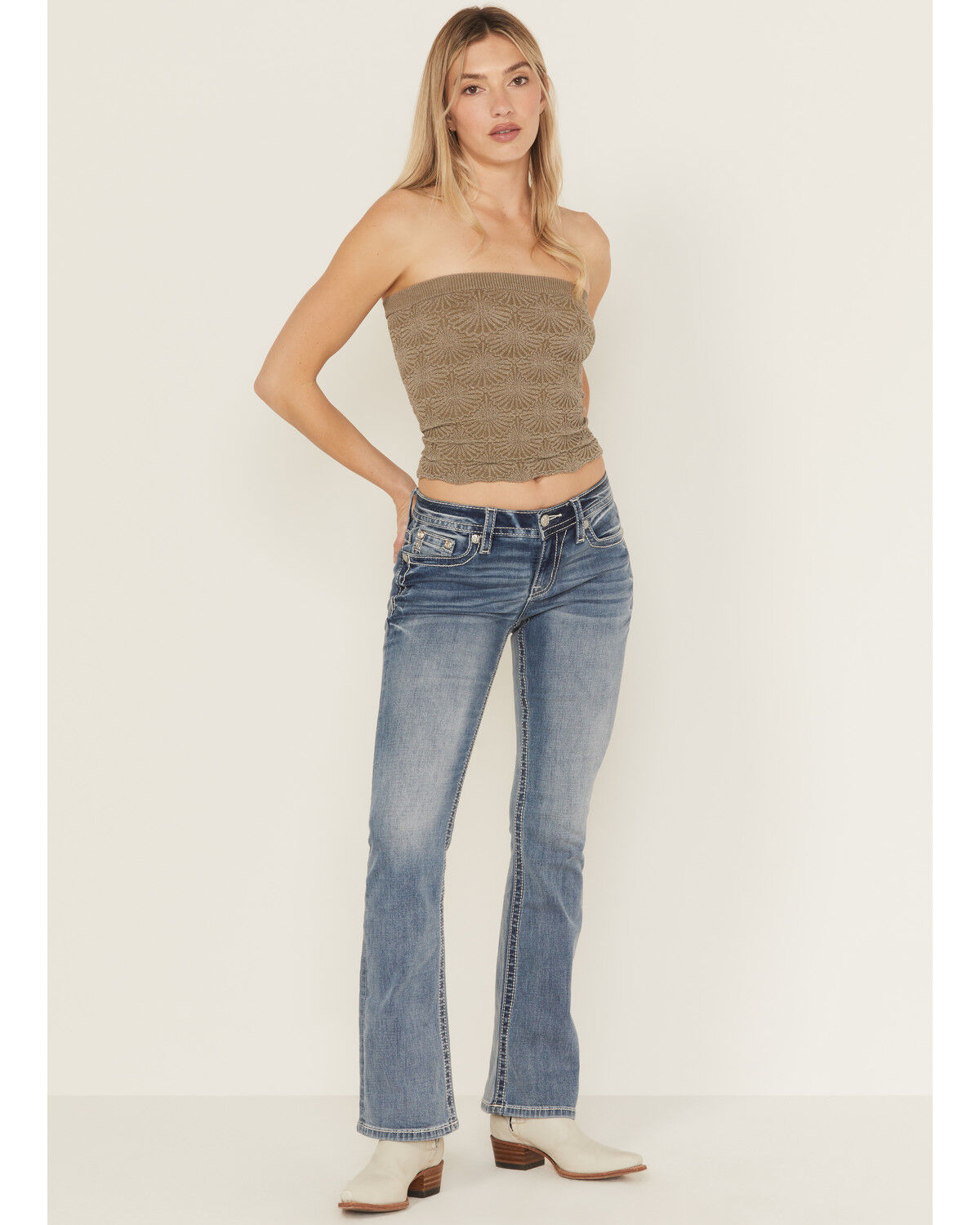 Miss Me Women's Medium Wash Mid Rise Americana Pocket Bootcut Stretch Denim Jeans