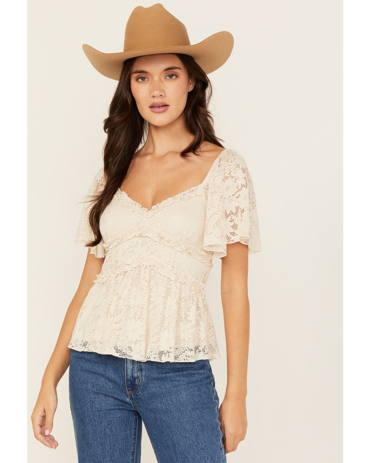 Originality Women's Ruffle Lace Short Sleeve Top