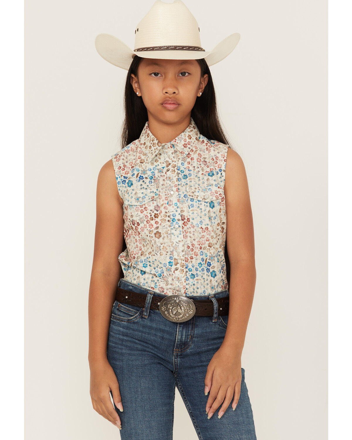 Shyanne Girls' Floral Print Sleeveless Snap Western Shirt