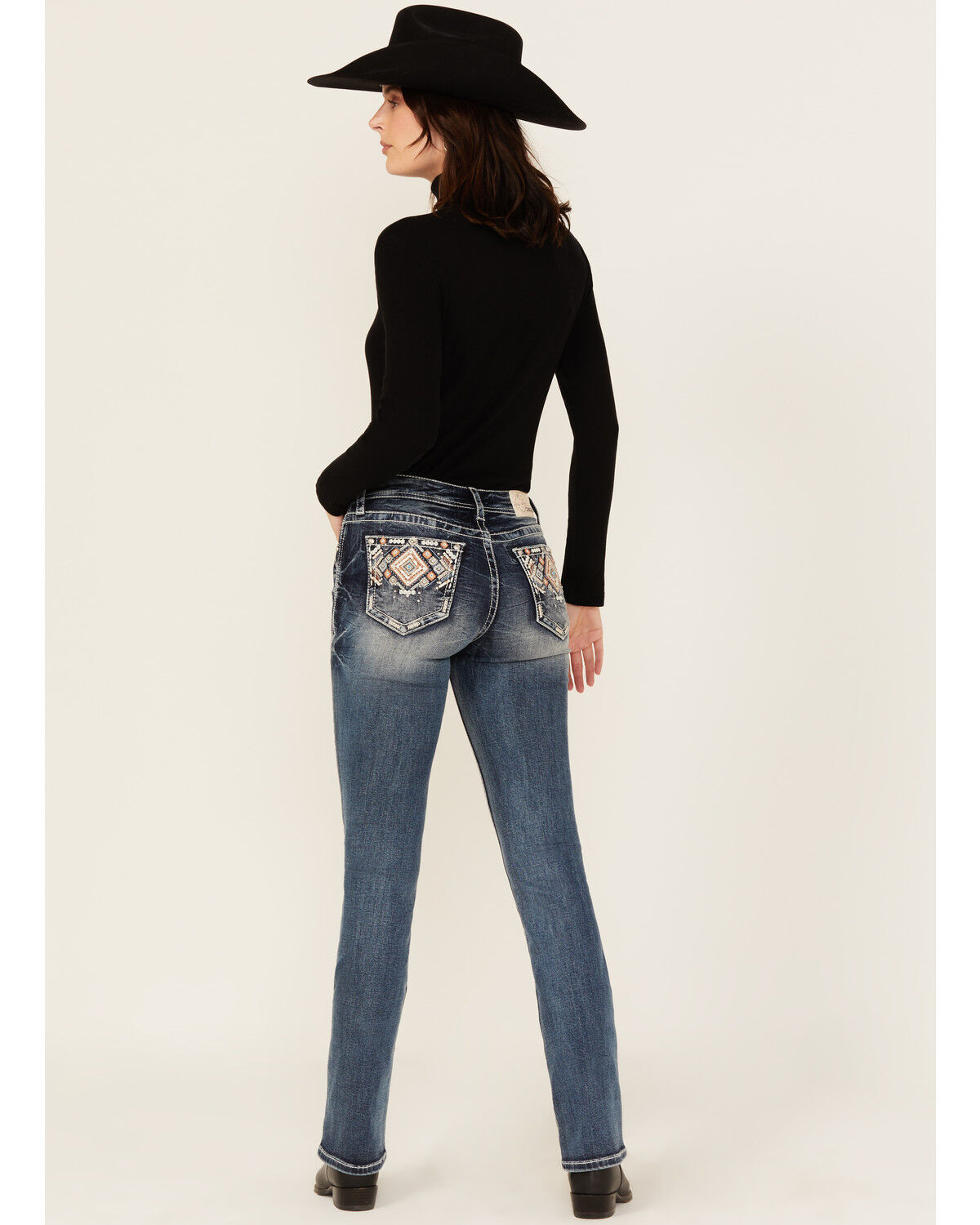 Grace In LA Women's Medium Wash Geo Print Embroidered Mid Rise Bootcut Stretch Denim Jeans