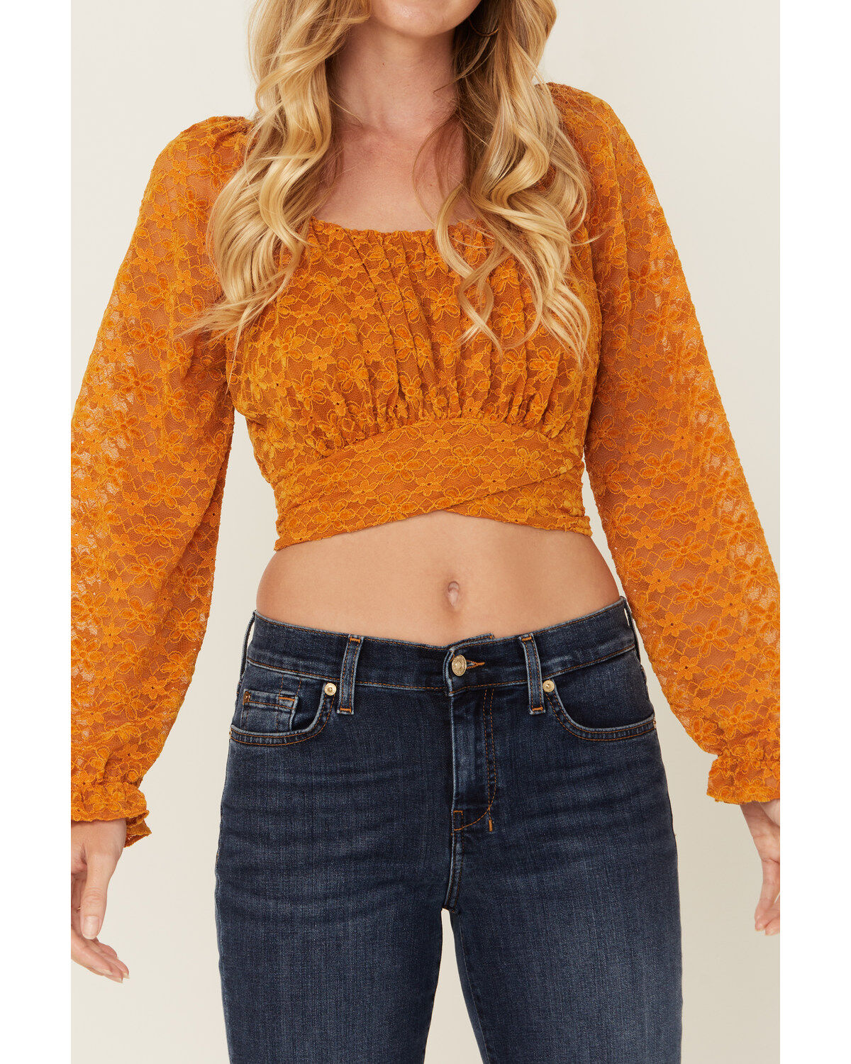 Beyond The Radar Women's Floral Lace Long Sleeve Tie Back Cropped Shirt