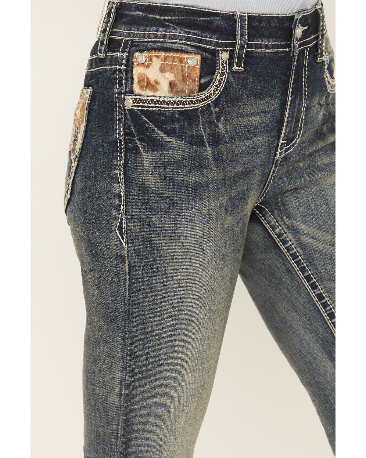 Grace In LA Women's Medium Wash Mid Rise Hairon Bootcut Stretch Denim Jeans