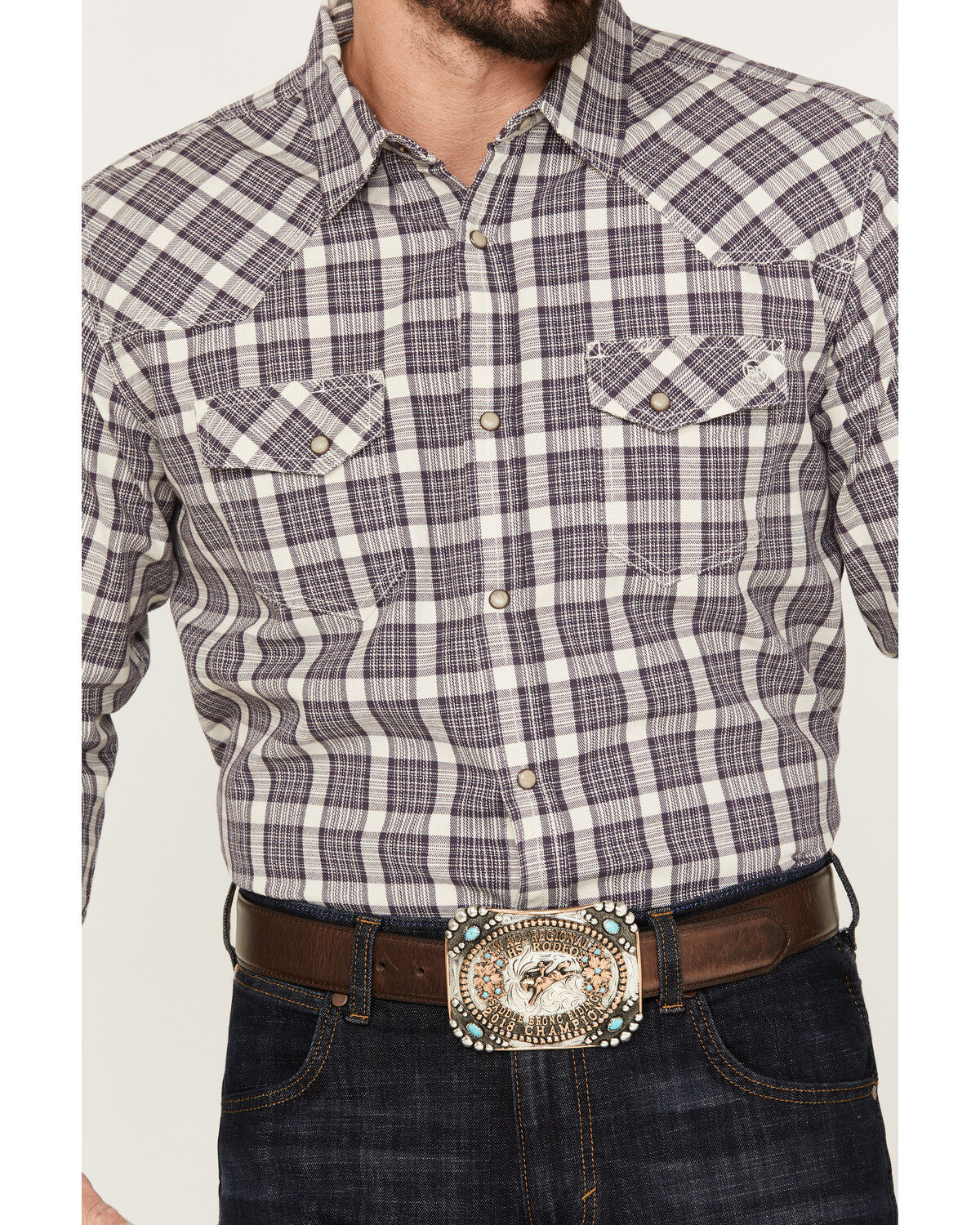 Blue Ranchwear Men's Plaid Print Long Sleeve Western Pearl Snap Shirt