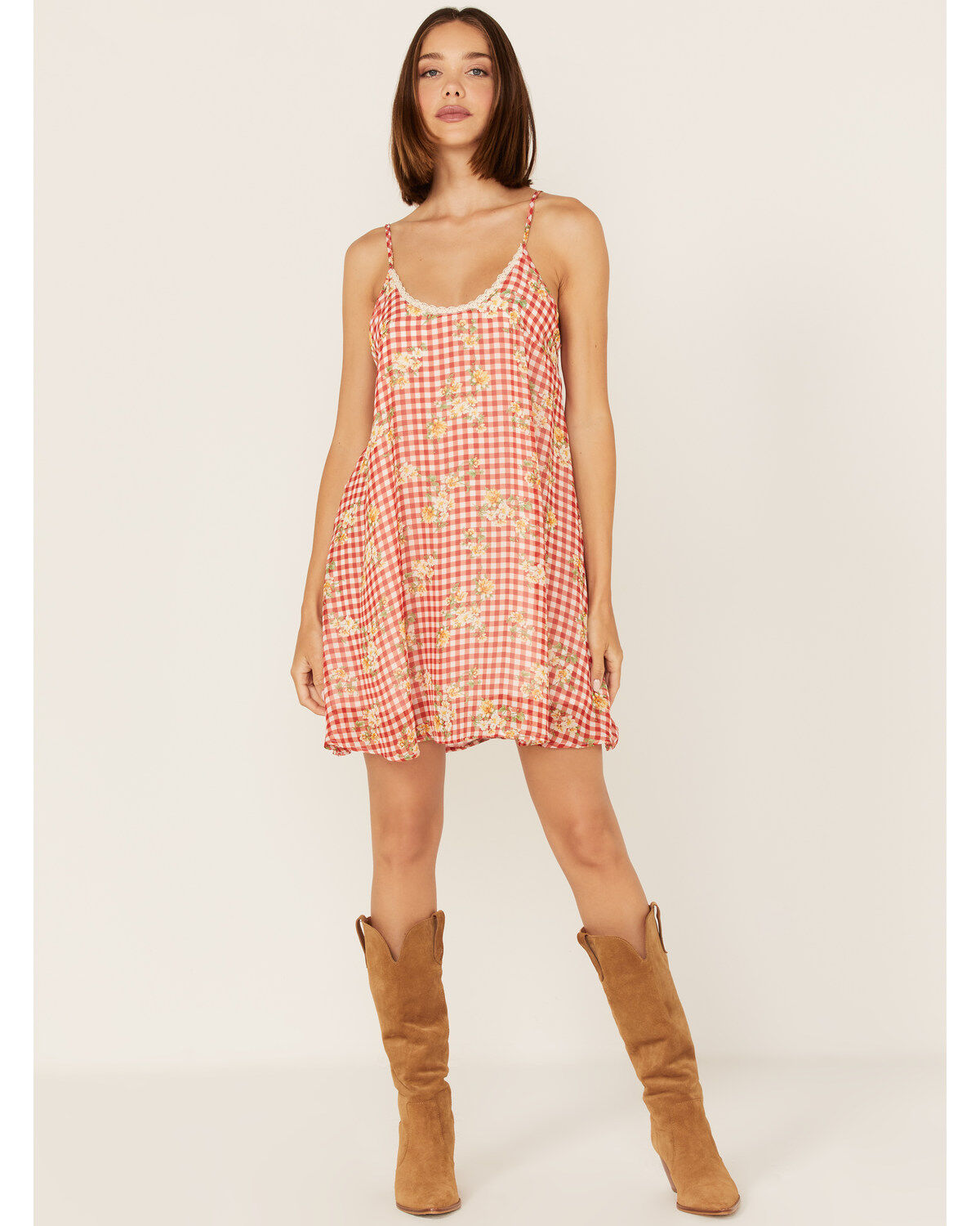 Wild Moss Women's Gingham Floral Print Slip Mini Dress