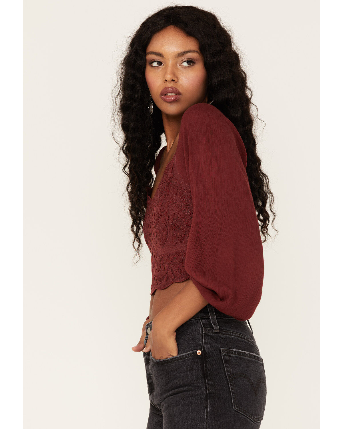 Shyanne Women's Embroidered Mesh Dot Poet Sleeve Crop Top