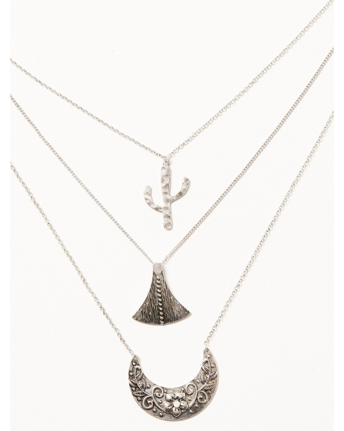Prime Time Jewelry Women's Silver 3-piece Layered Cactus & Crescent Pendant Necklace