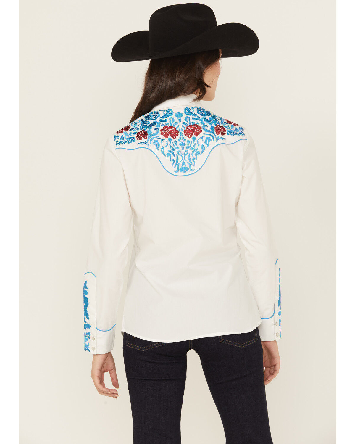 Rodeo Clothing Women's Floral Embroidered Long Sleeve Snap Stretch Western Shirt
