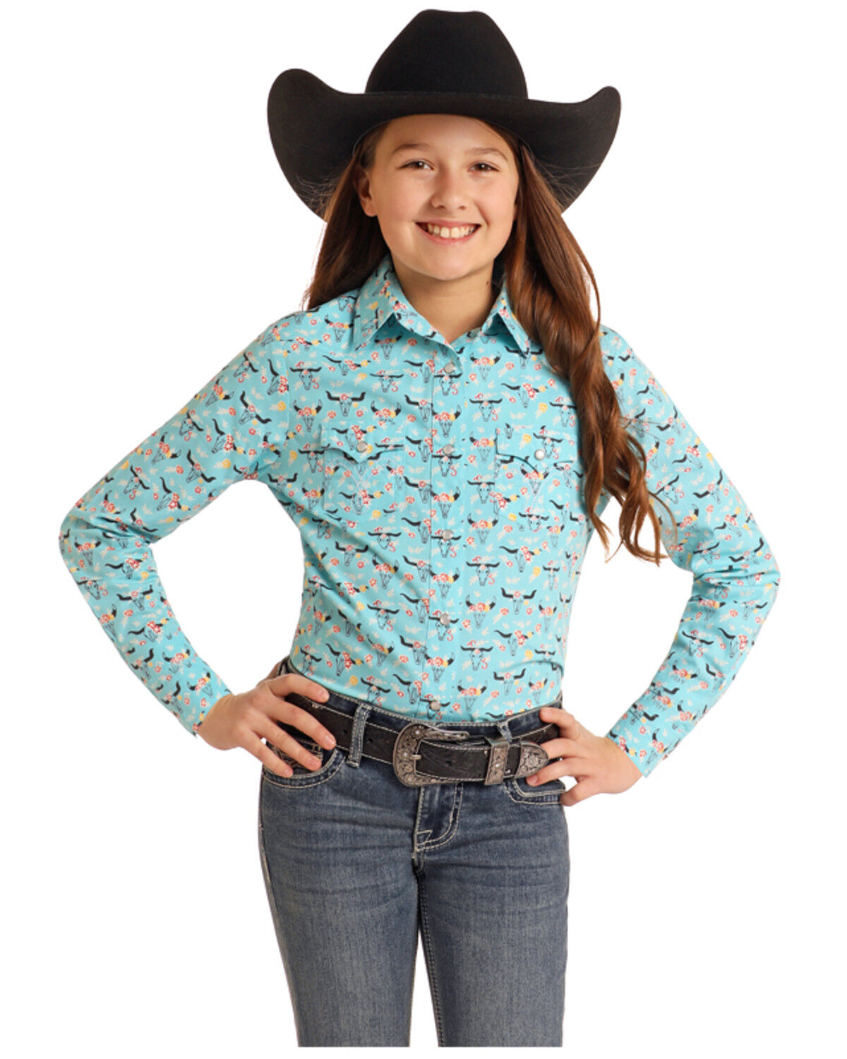 Panhandle Girls' Steerhead Print Long Sleeve Pearl Snap Western Shirt
