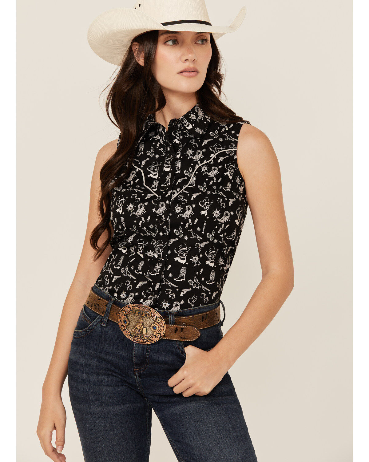 Rock & Roll Denim Women's Tattoo Print Sleeveless Snap Western Shirt